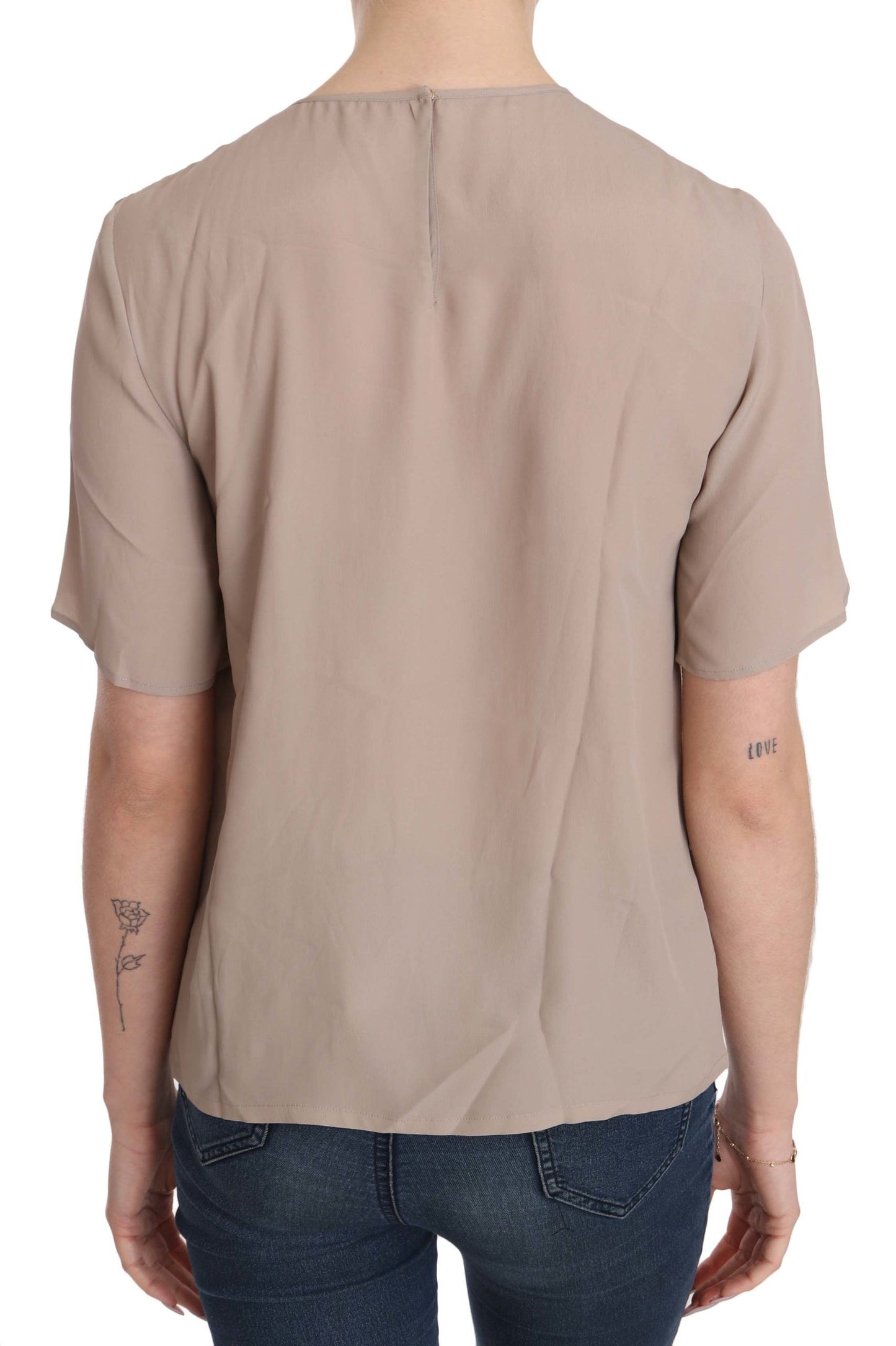 Beige Kurzarmbluse mit Rundhalsausschnitt