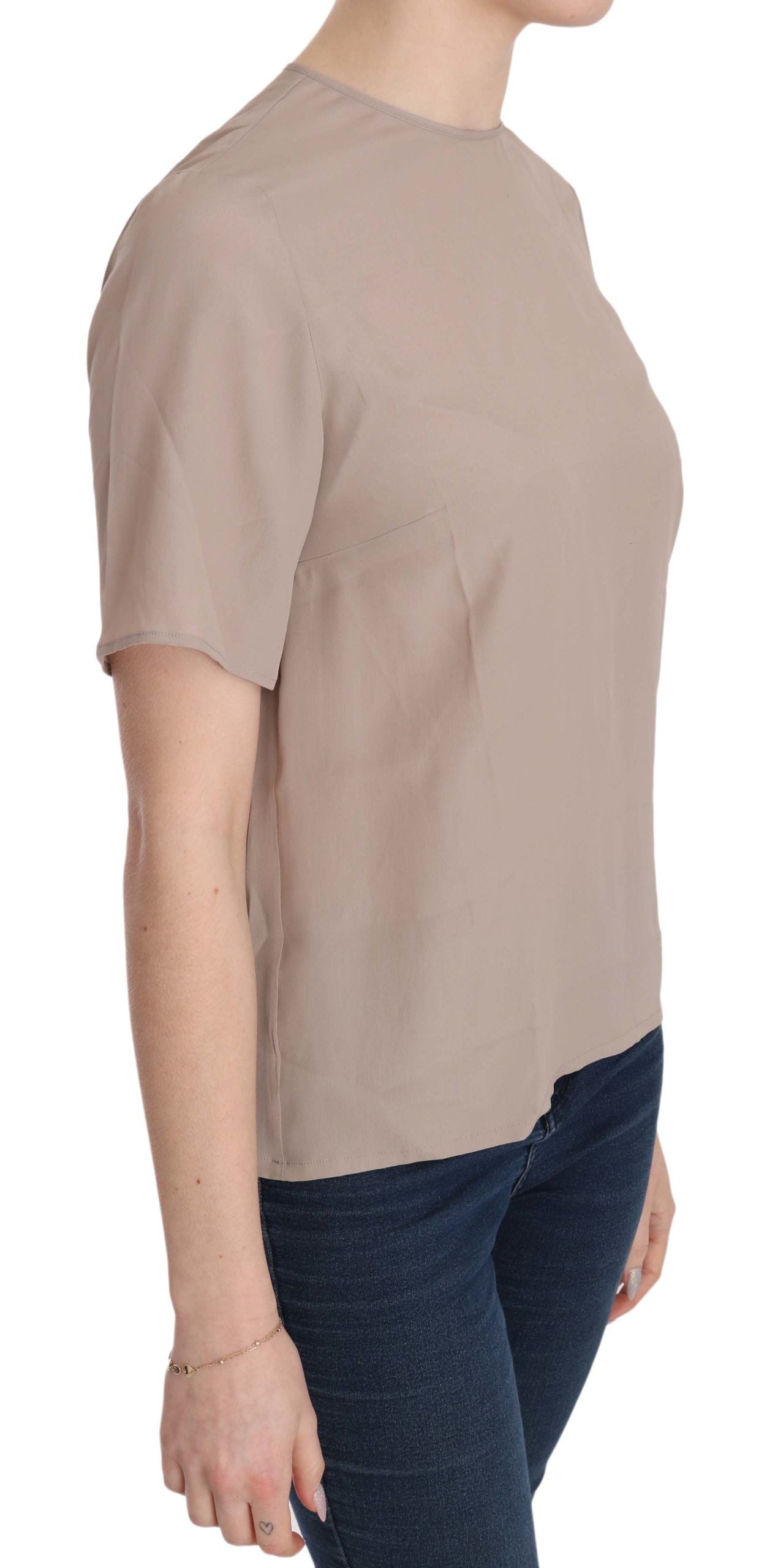 Beige Kurzarmbluse mit Rundhalsausschnitt
