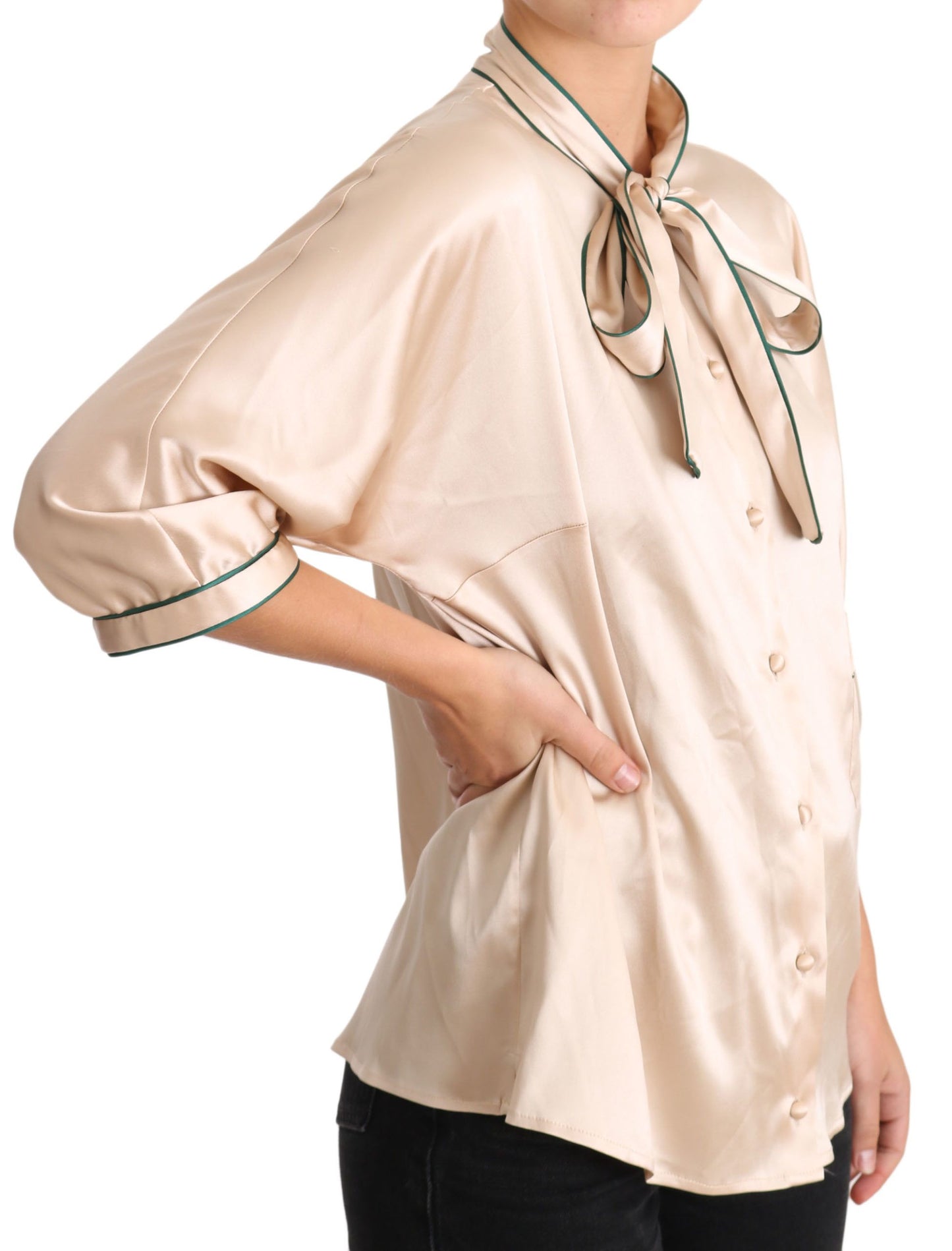 Beigefarbene Seidenbluse mit Stretch-Band
