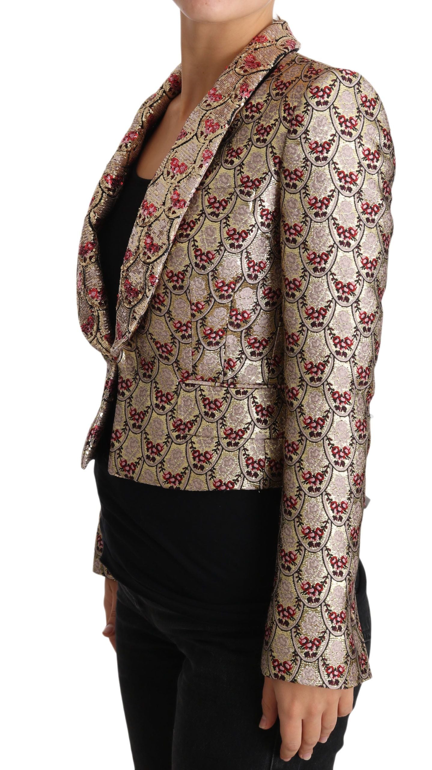 Blazer-Manteljacke mit goldenen Blumenmustern und Pailletten