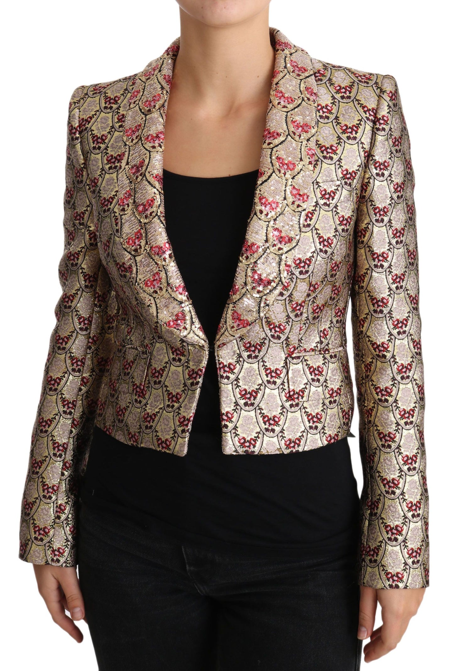 Blazer-Manteljacke mit goldenen Blumenmustern und Pailletten
