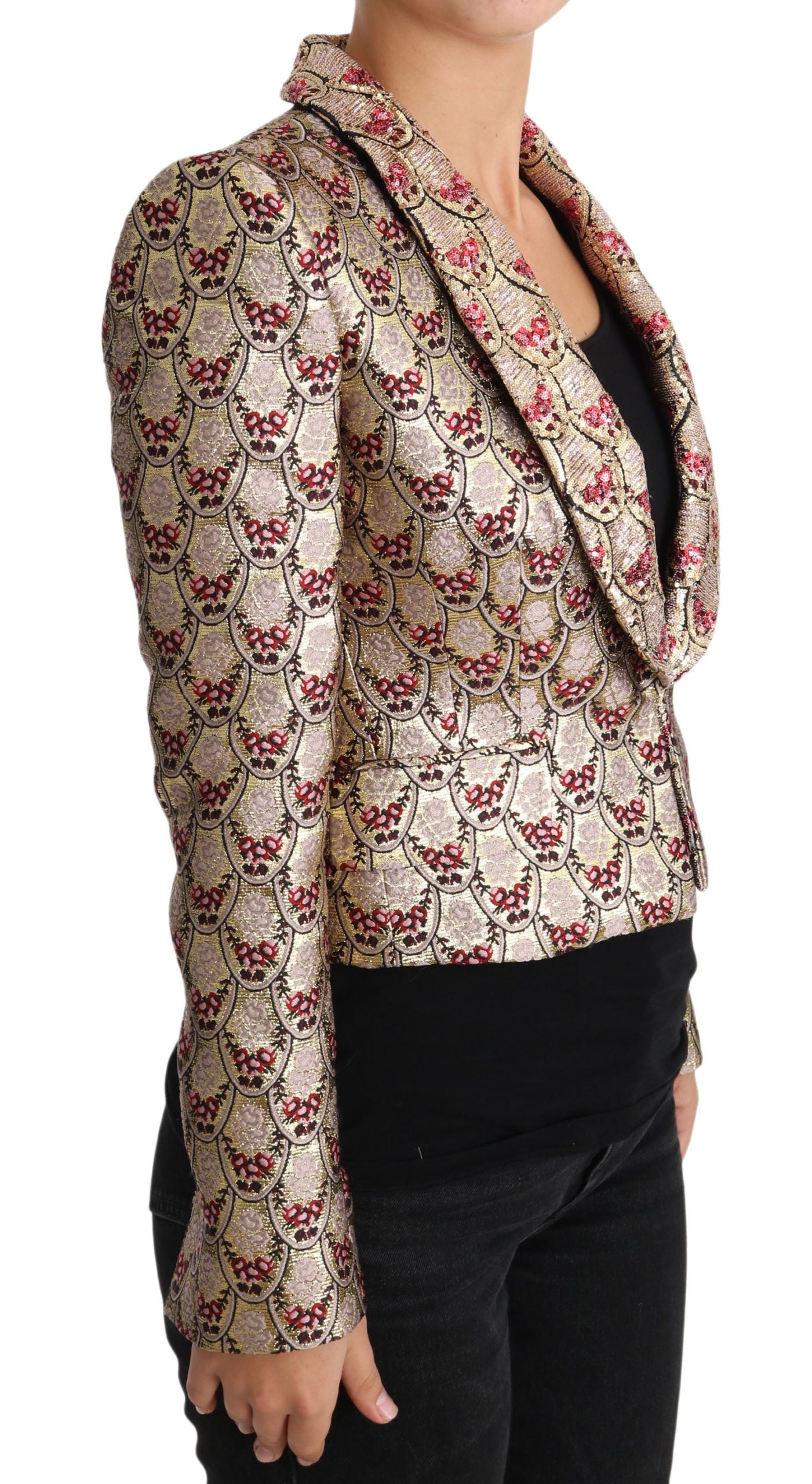 Blazer-Manteljacke mit goldenen Blumenmustern und Pailletten