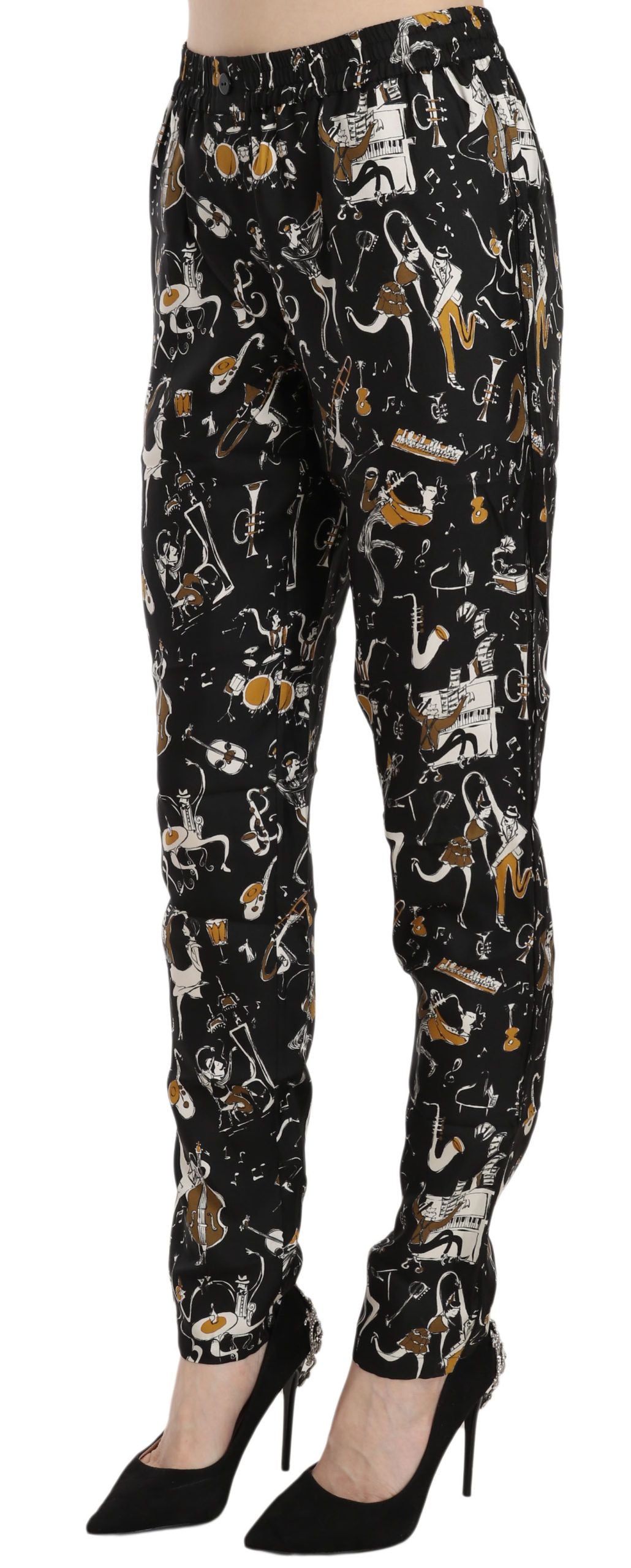 Schwarze Karottenhose mit hohem Bund und Jazz Club-Print