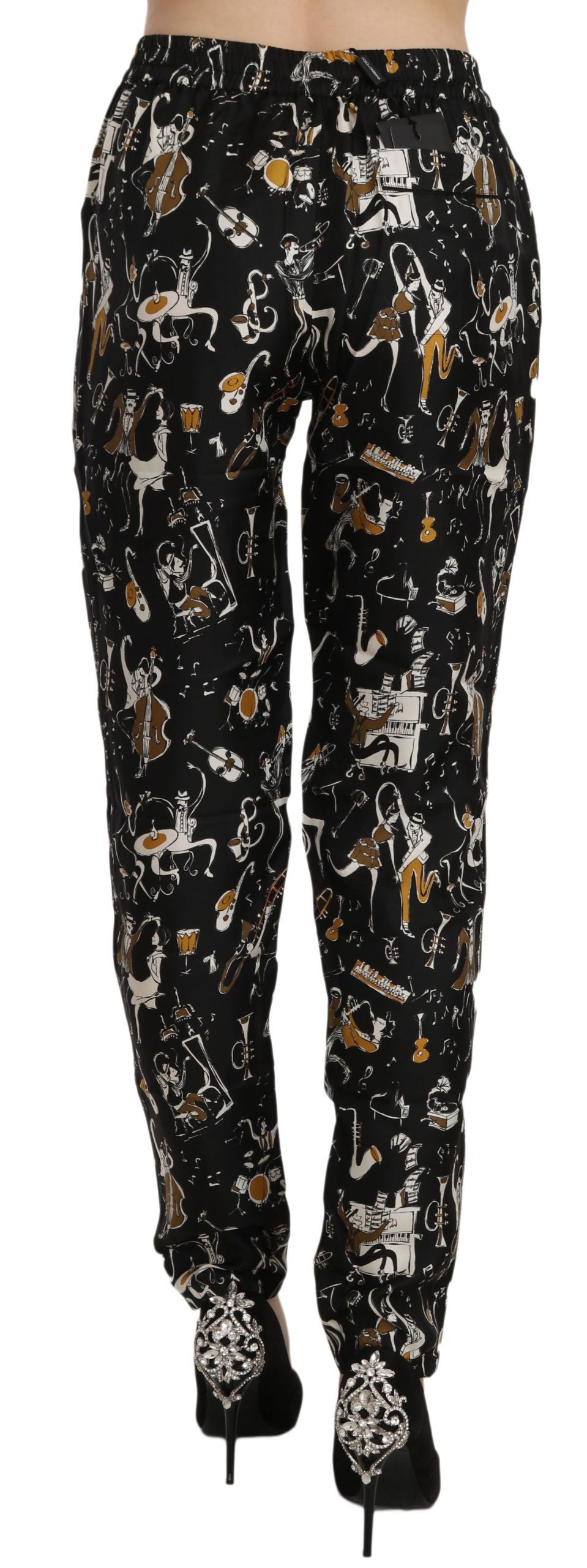 Schwarze Karottenhose mit hohem Bund und Jazz Club-Print