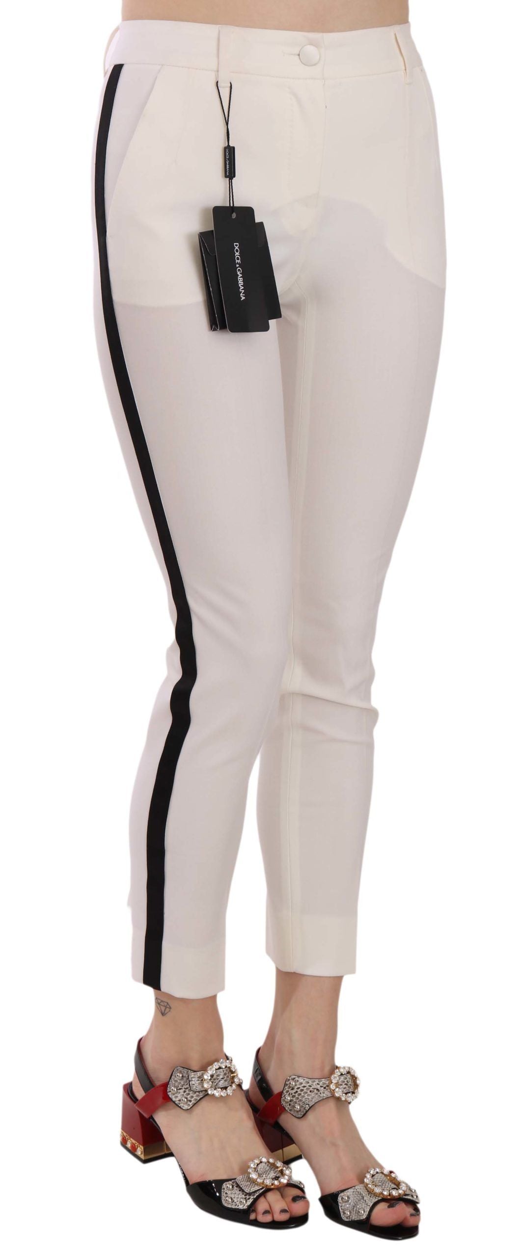 Weiße, verkürzte Skinny-Hose mit Seitenstreifen