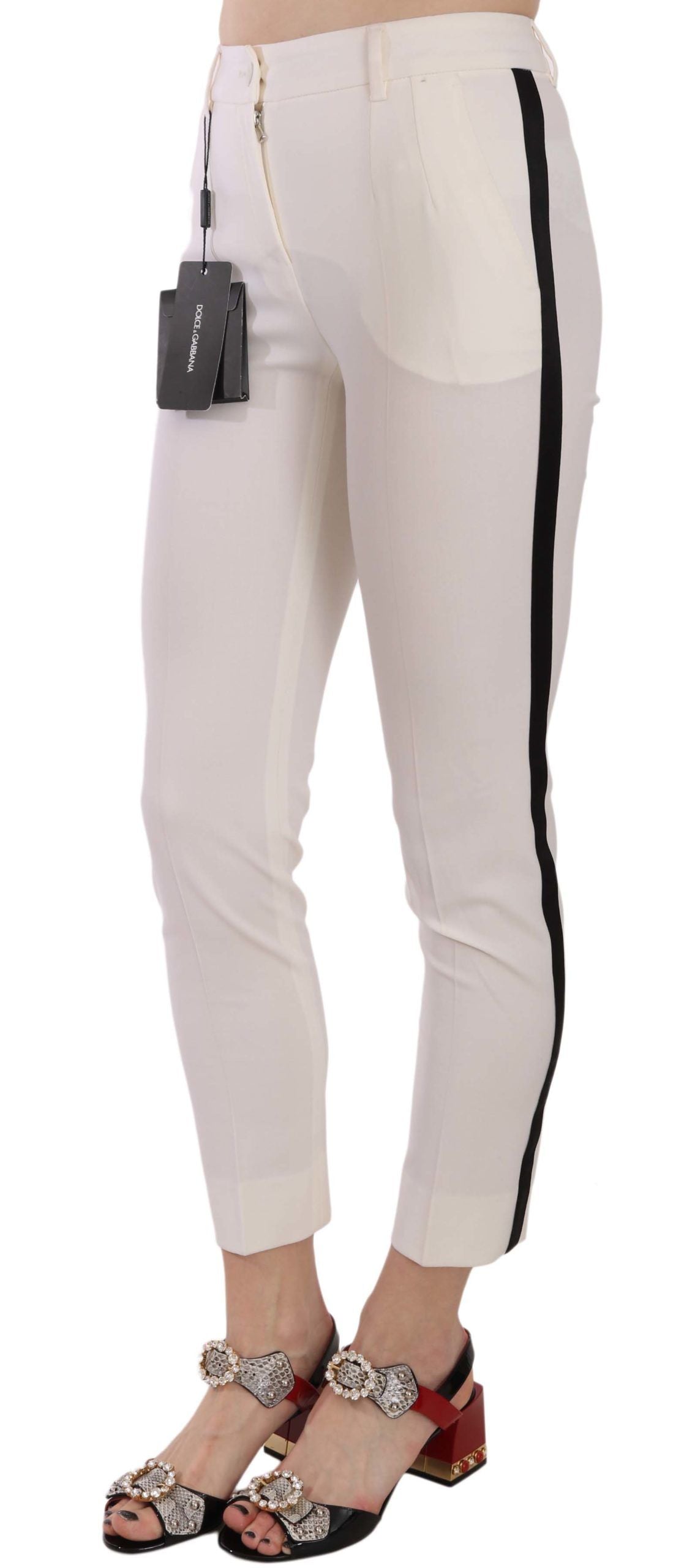 Weiße, verkürzte Skinny-Hose mit Seitenstreifen
