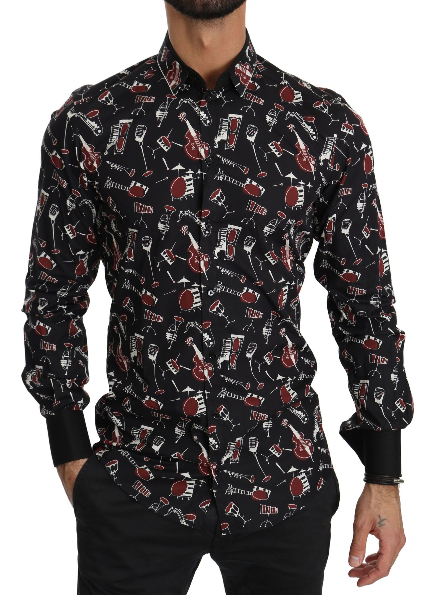 Schwarzes Slim Fit-Hemd mit Musikinstrumenten