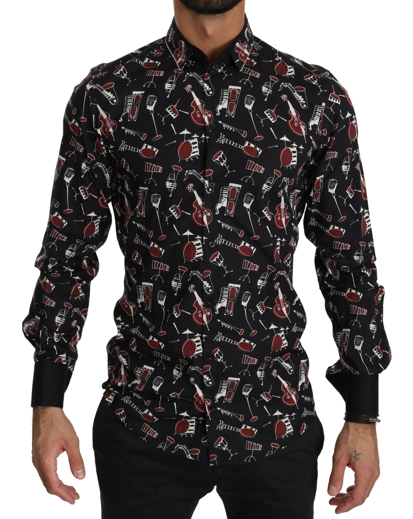 Schwarzes Slim Fit-Hemd mit Musikinstrumenten