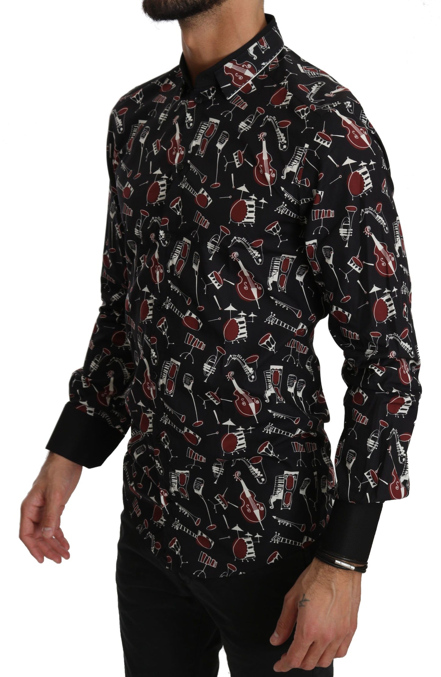 Schwarzes Slim Fit-Hemd mit Musikinstrumenten