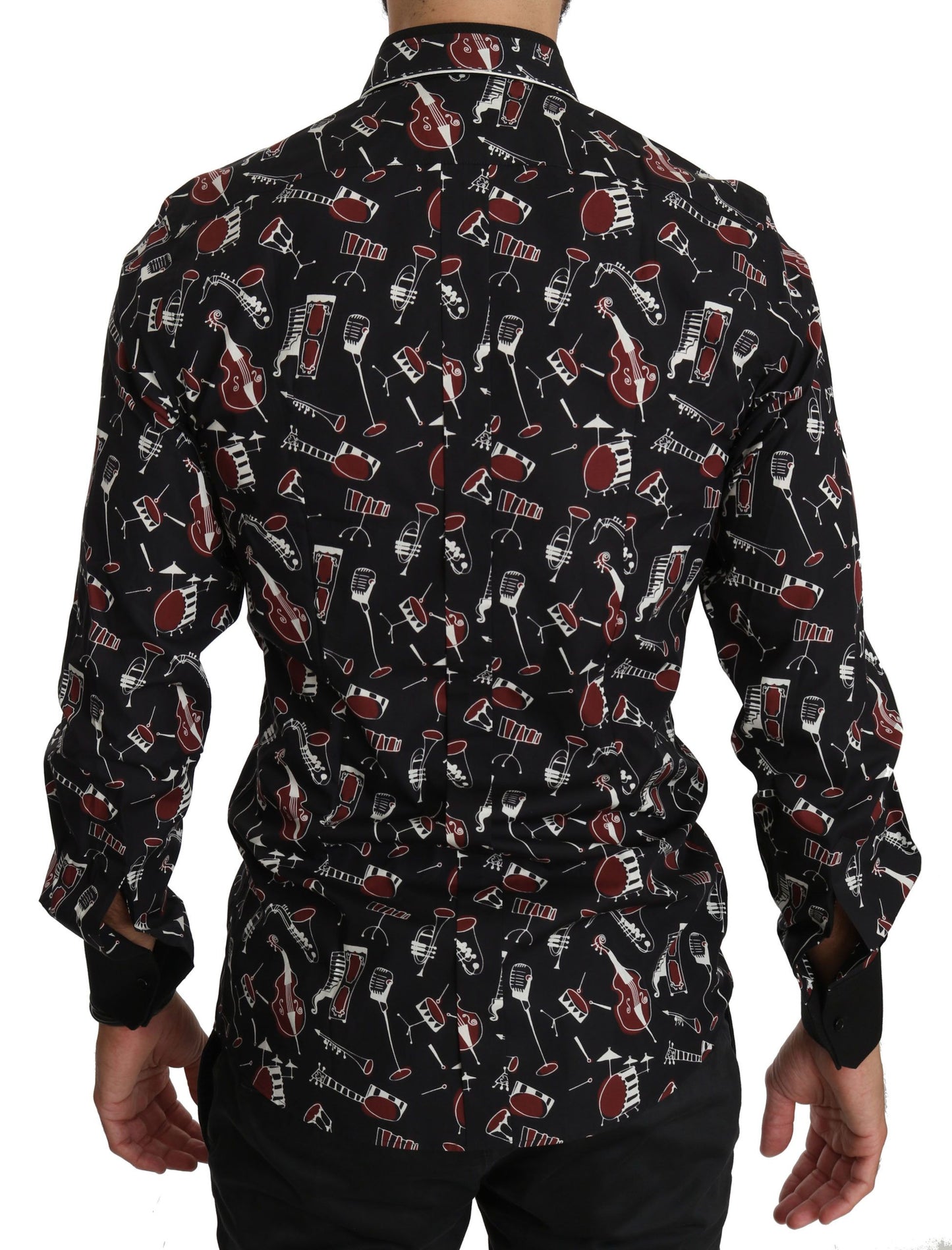 Schwarzes Slim Fit-Hemd mit Musikinstrumenten