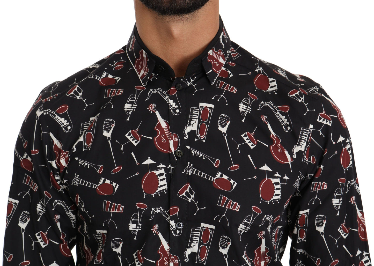 Schwarzes Slim Fit-Hemd mit Musikinstrumenten