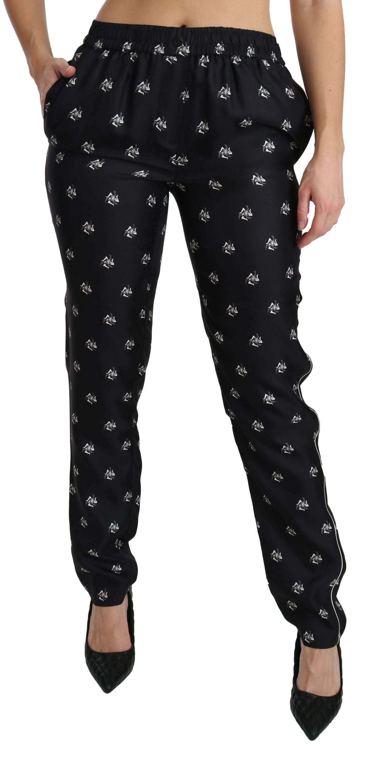 Schwarze, bedruckte Skinny-Hose aus Seide mit mittlerer Taille