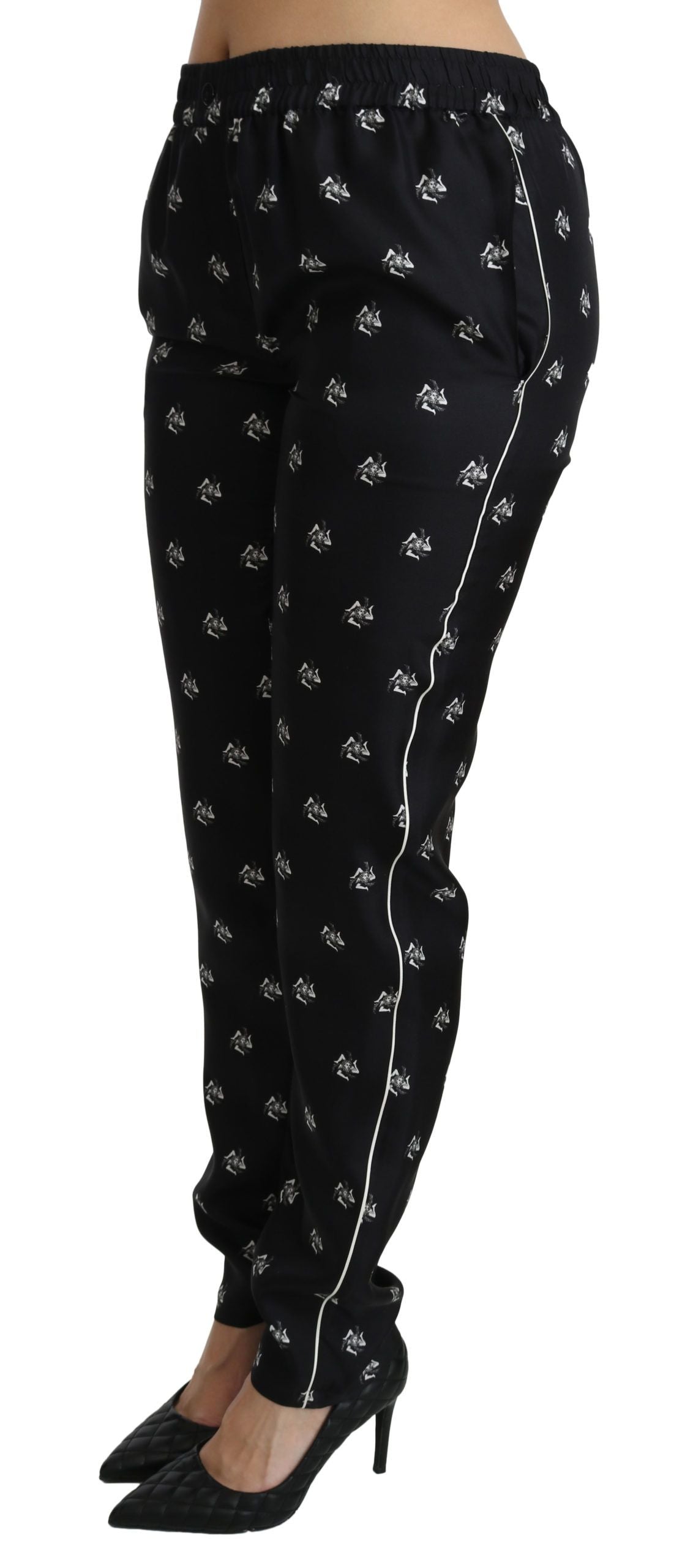 Schwarze, bedruckte Skinny-Hose aus Seide mit mittlerer Taille