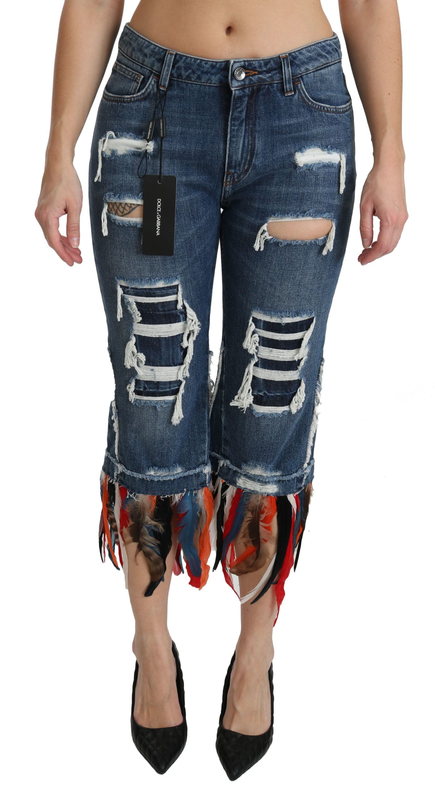 Blaue, verkürzte Jeans aus Baumwolle mit niedriger Taille und Federn