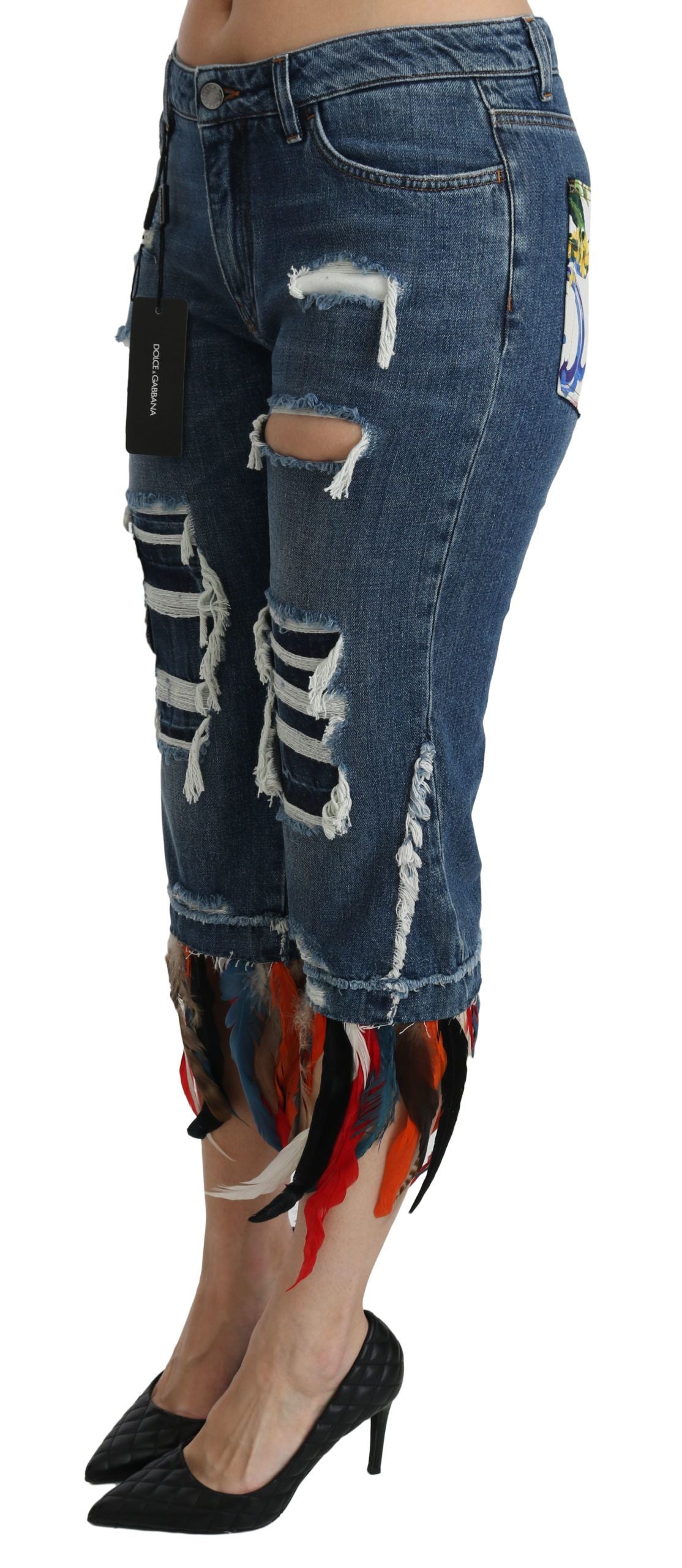 Blaue, verkürzte Jeans aus Baumwolle mit niedriger Taille und Federn