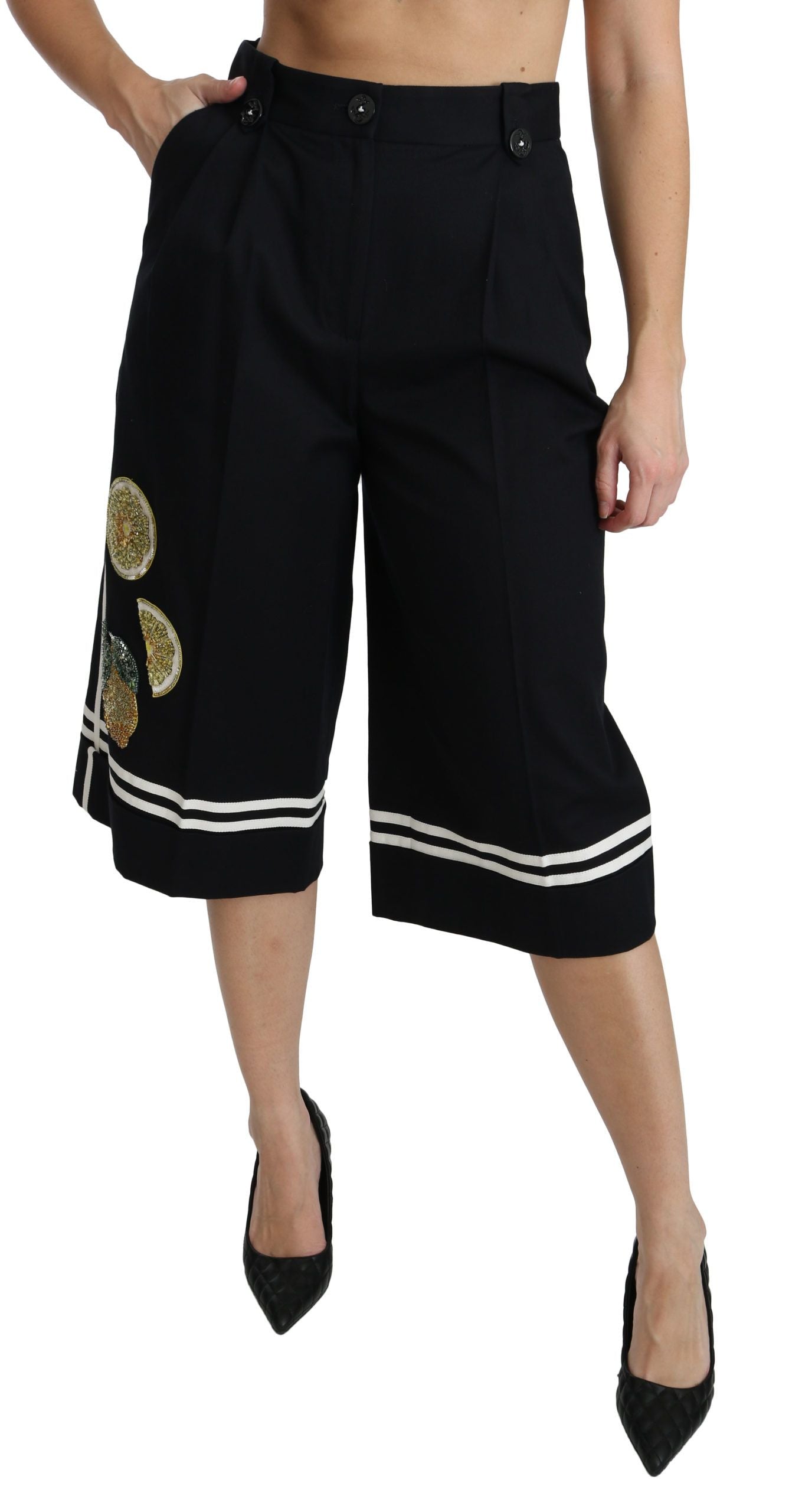 Schwarze, zitronenverzierte Palazzo-Shorts