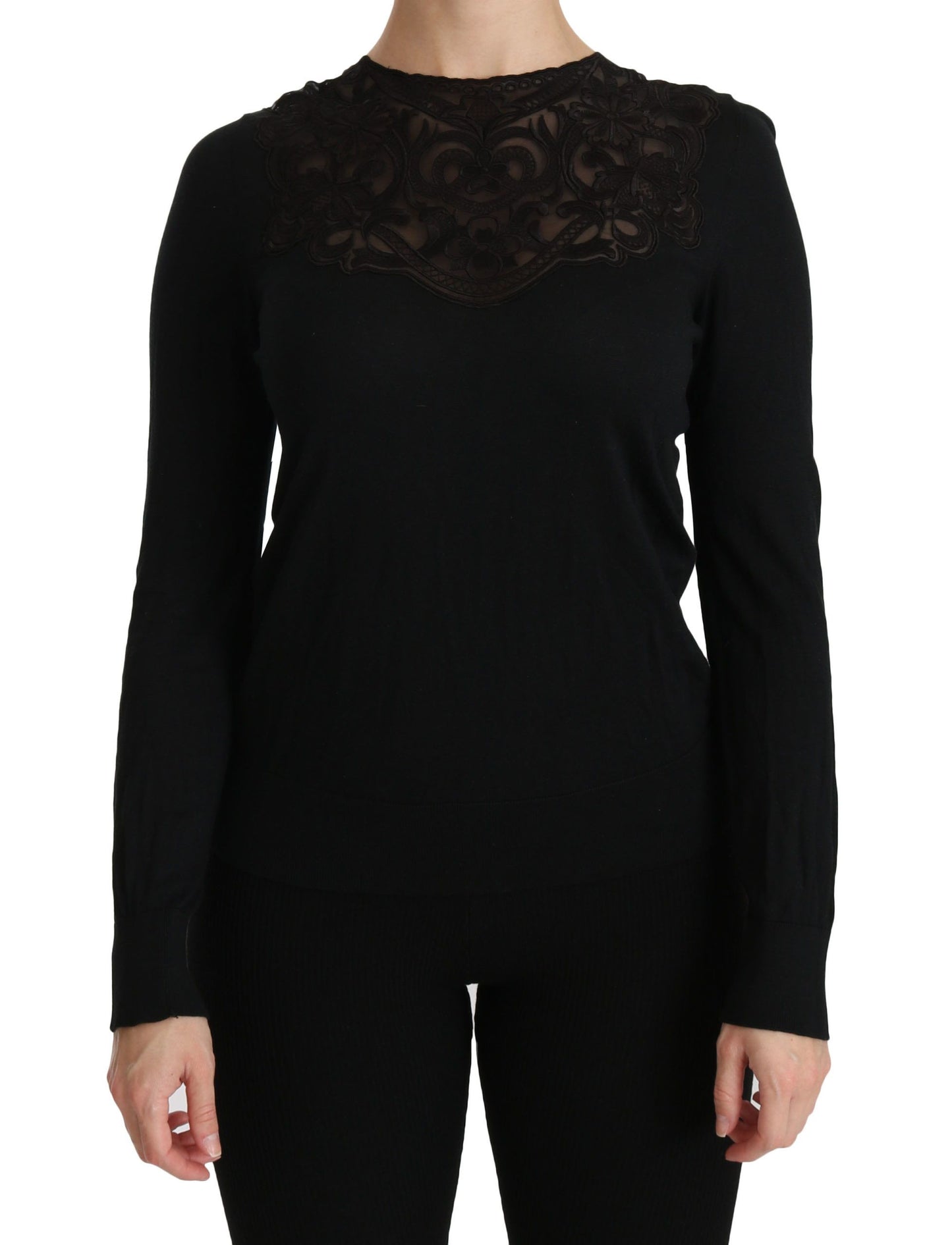 Schwarze Bluse mit Rundhalsausschnitt und langen Ärmeln aus Seidenspitze