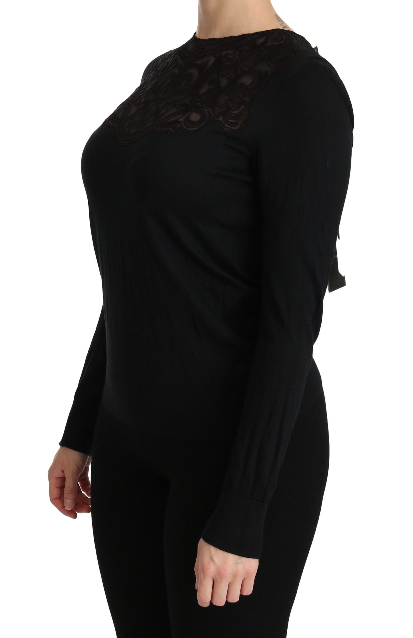 Schwarze Bluse mit Rundhalsausschnitt und langen Ärmeln aus Seidenspitze