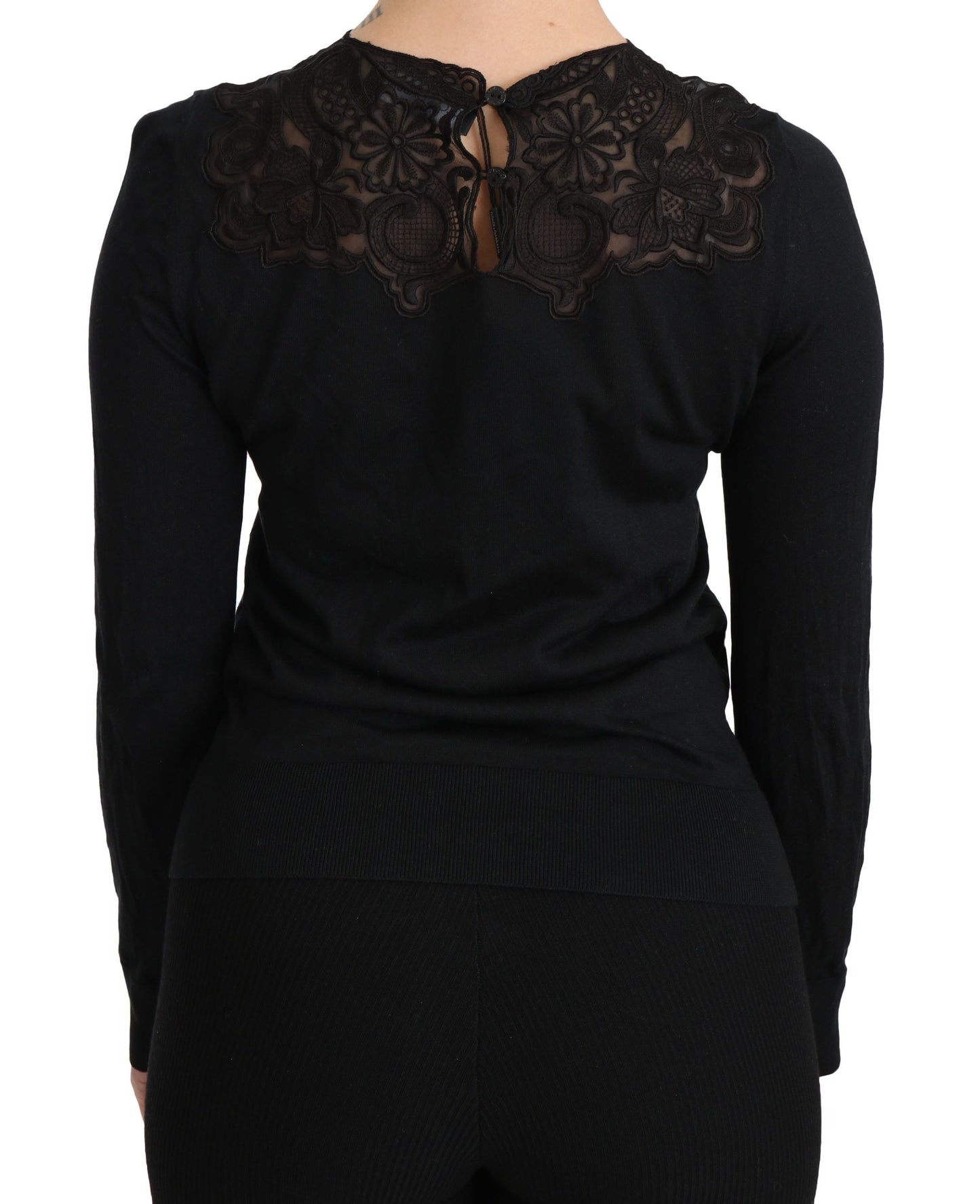 Schwarze Bluse mit Rundhalsausschnitt und langen Ärmeln aus Seidenspitze