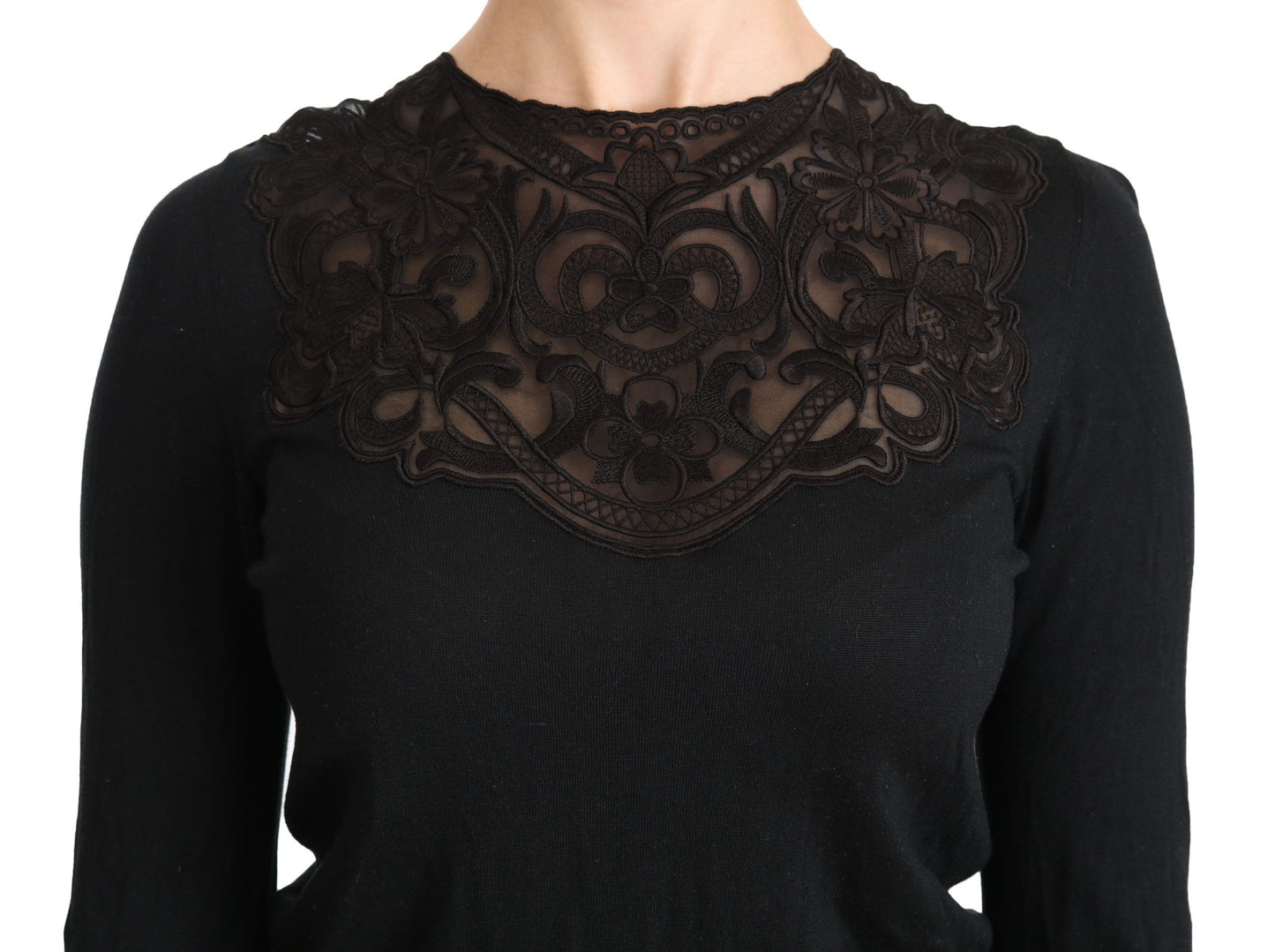 Schwarze Bluse mit Rundhalsausschnitt und langen Ärmeln aus Seidenspitze