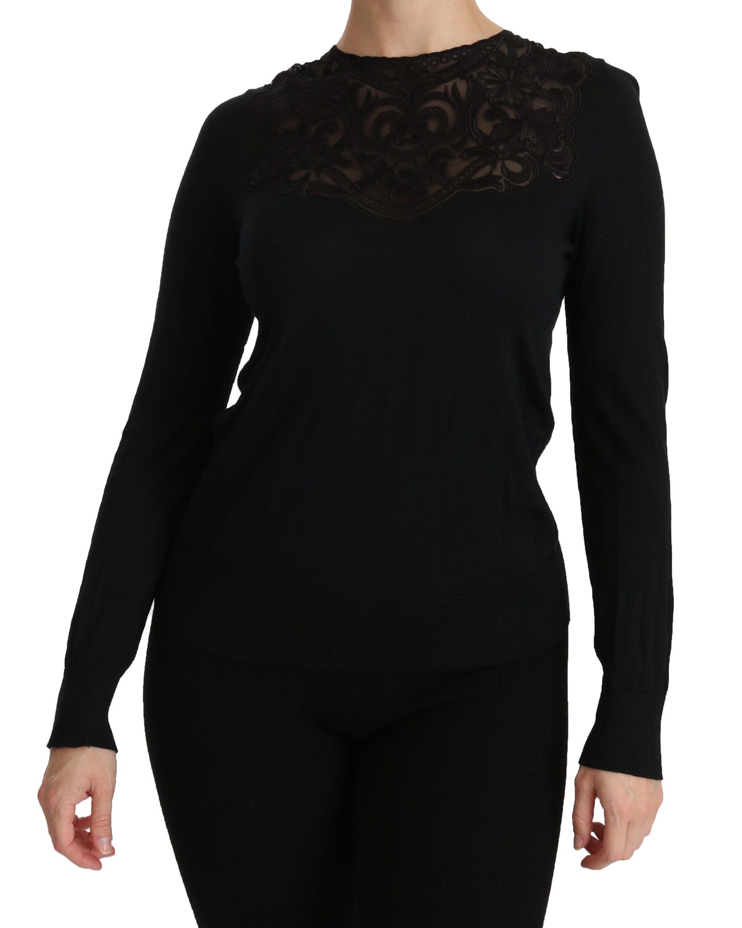 Schwarze Bluse mit Rundhalsausschnitt und langen Ärmeln aus Seidenspitze