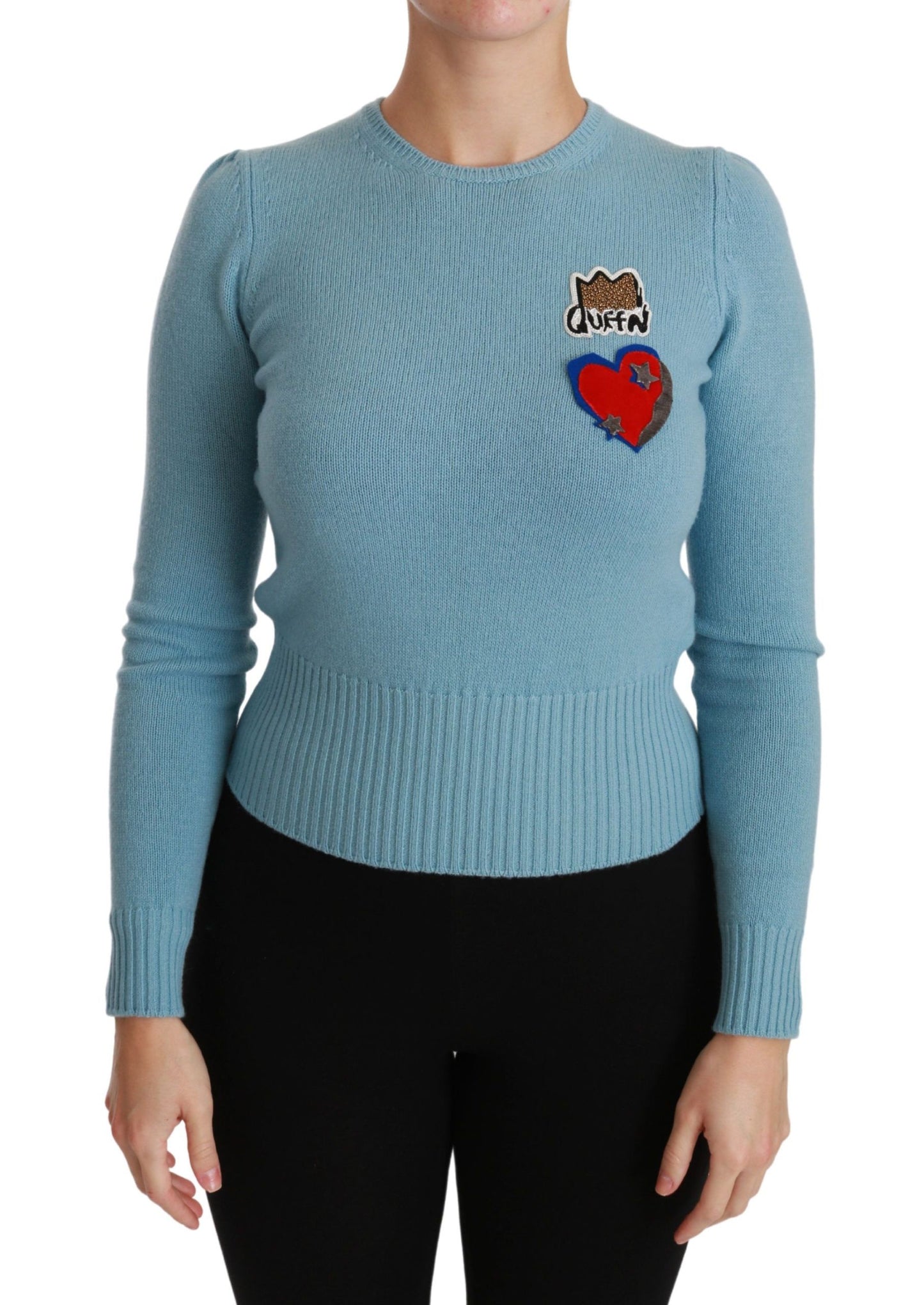 Blauer Wollpullover mit Queen-Herz