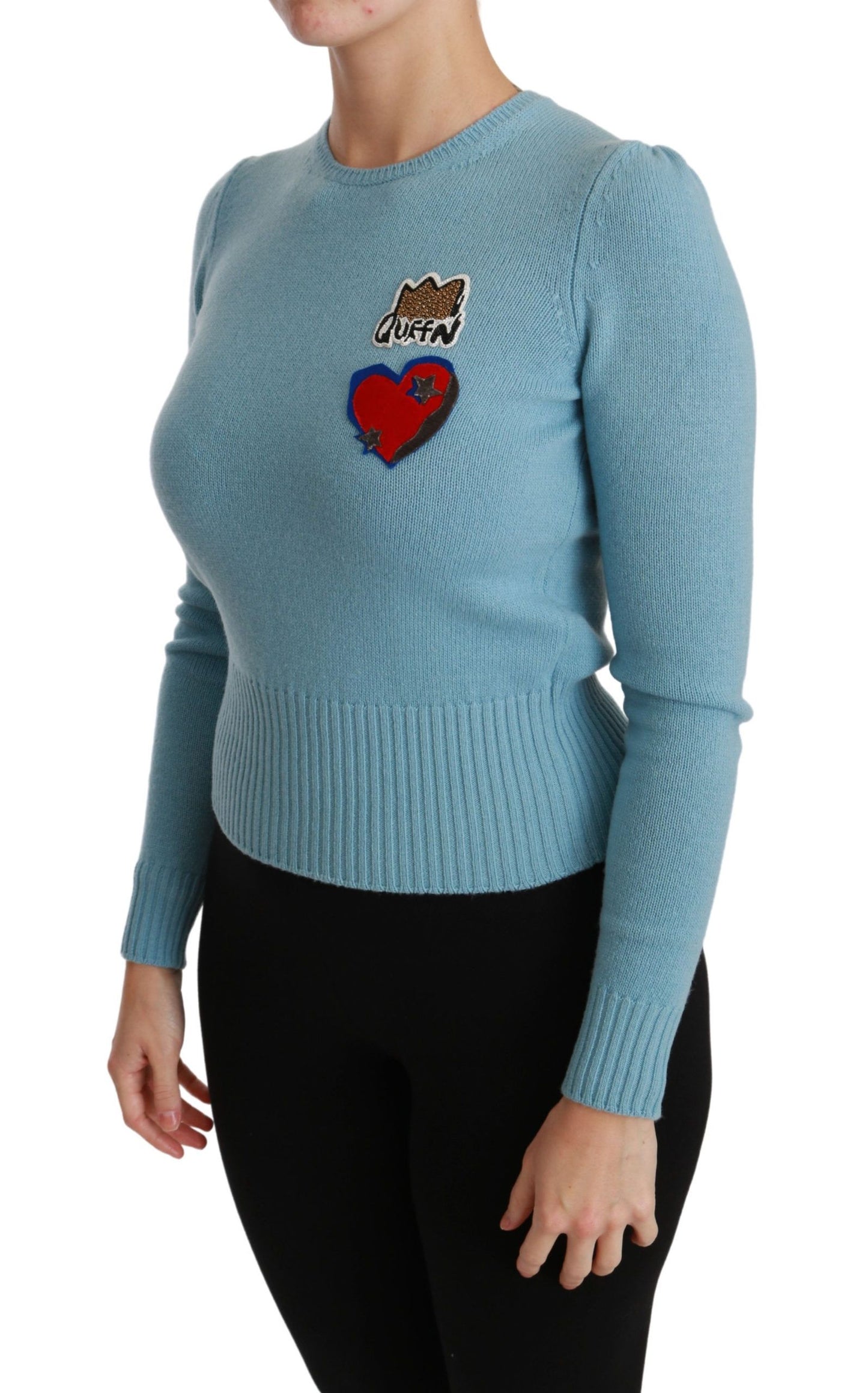 Blauer Wollpullover mit Queen-Herz