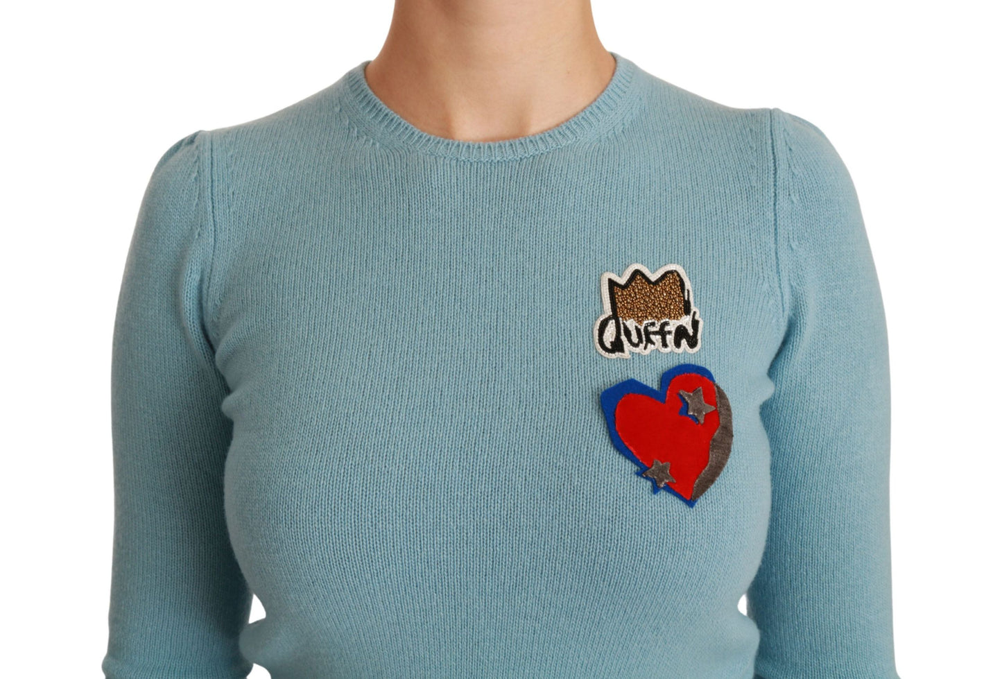 Blauer Wollpullover mit Queen-Herz