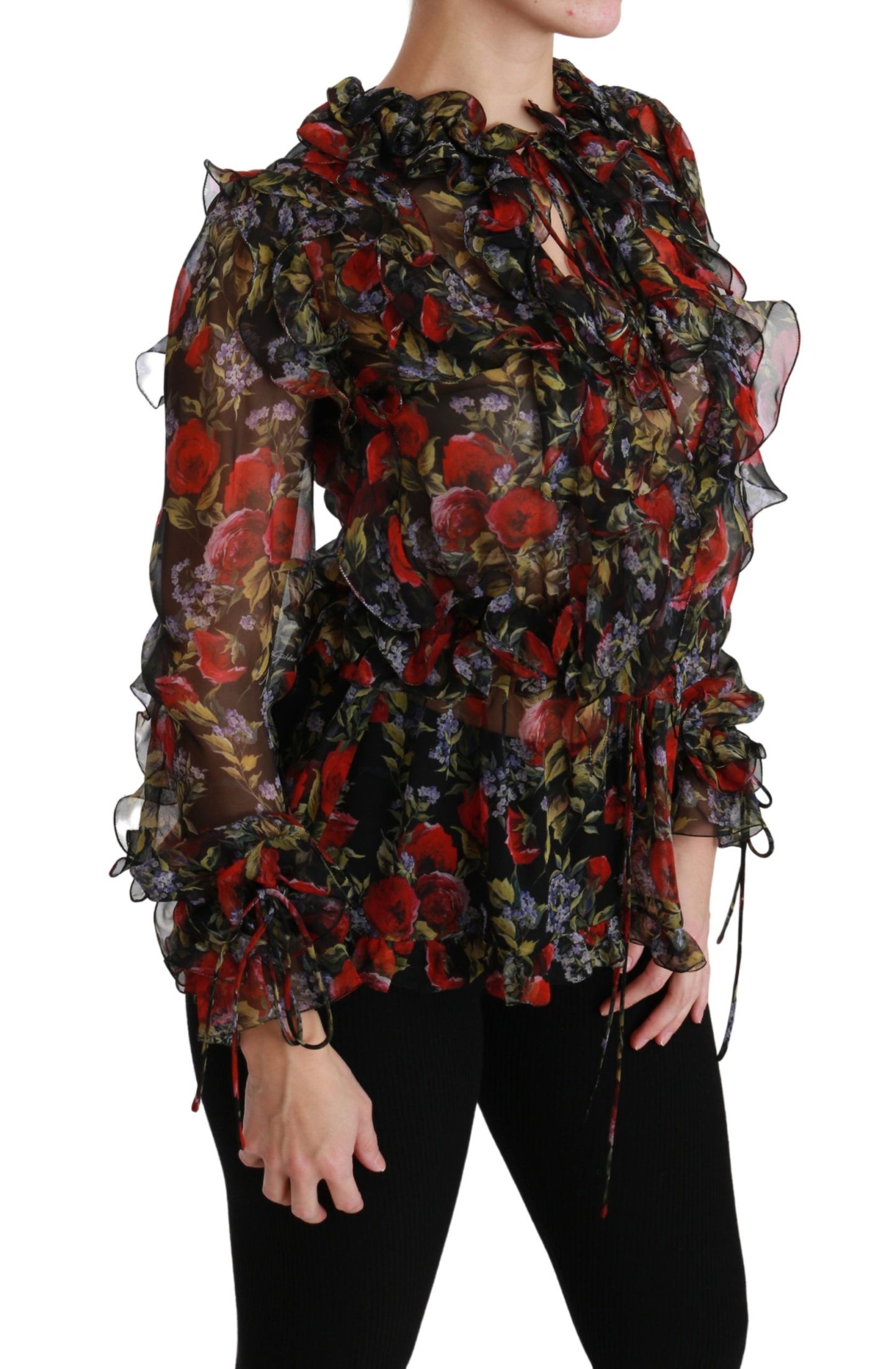 Schwarze Bluse mit Blumenmuster und Rosenmuster, Seidentop