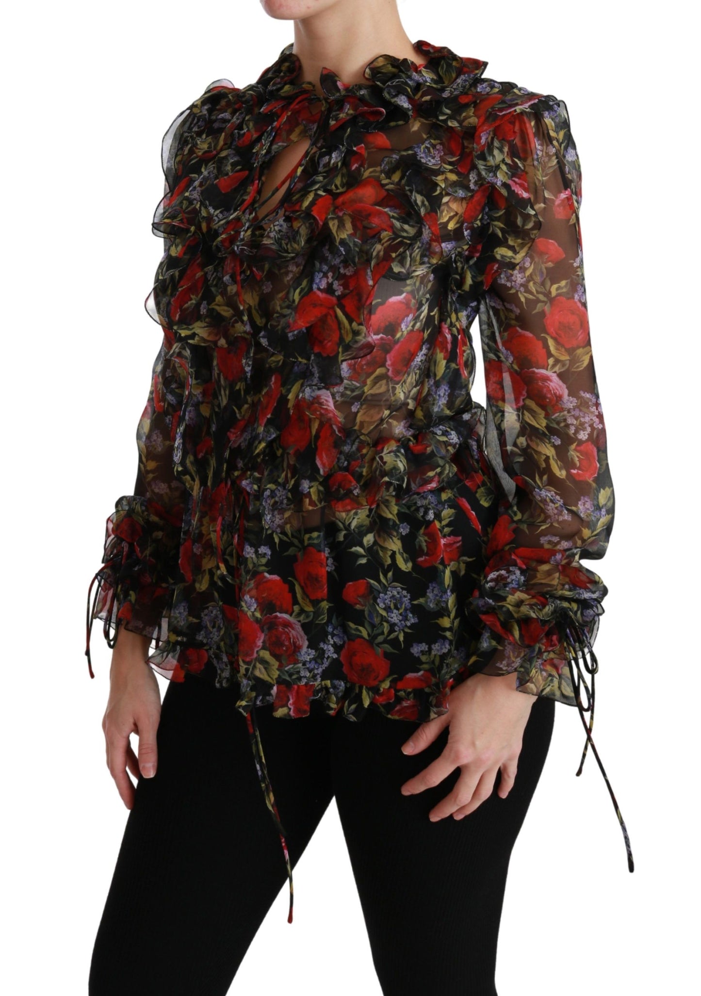 Schwarze Bluse mit Blumenmuster und Rosenmuster, Seidentop