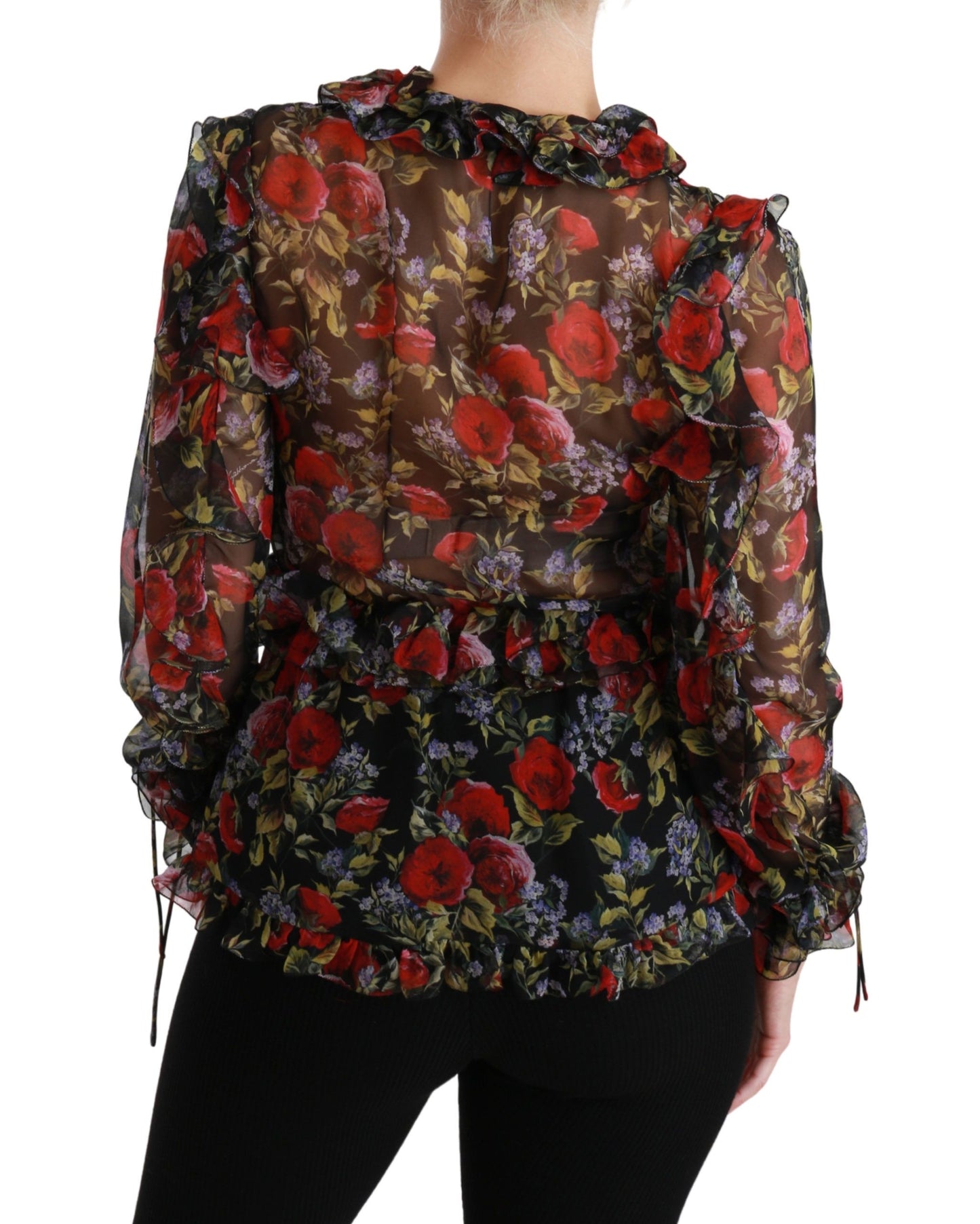 Schwarze Bluse mit Blumenmuster und Rosenmuster, Seidentop