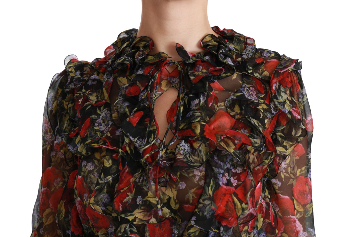 Schwarze Bluse mit Blumenmuster und Rosenmuster, Seidentop