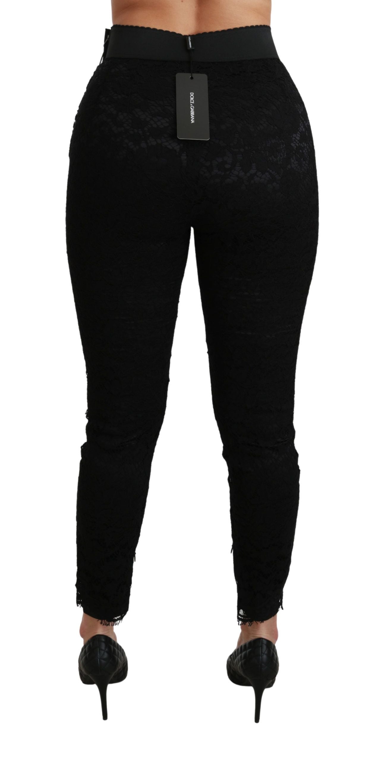 Schwarze Skinny-Hose aus Baumwolle mit hoher Taille und Spitze
