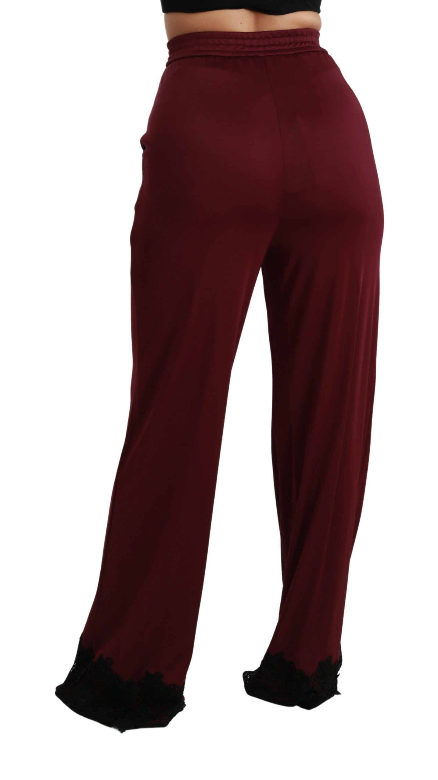 Schwarze, kastanienbraune Hose mit hoher Taille und weitem Bein aus Spitze