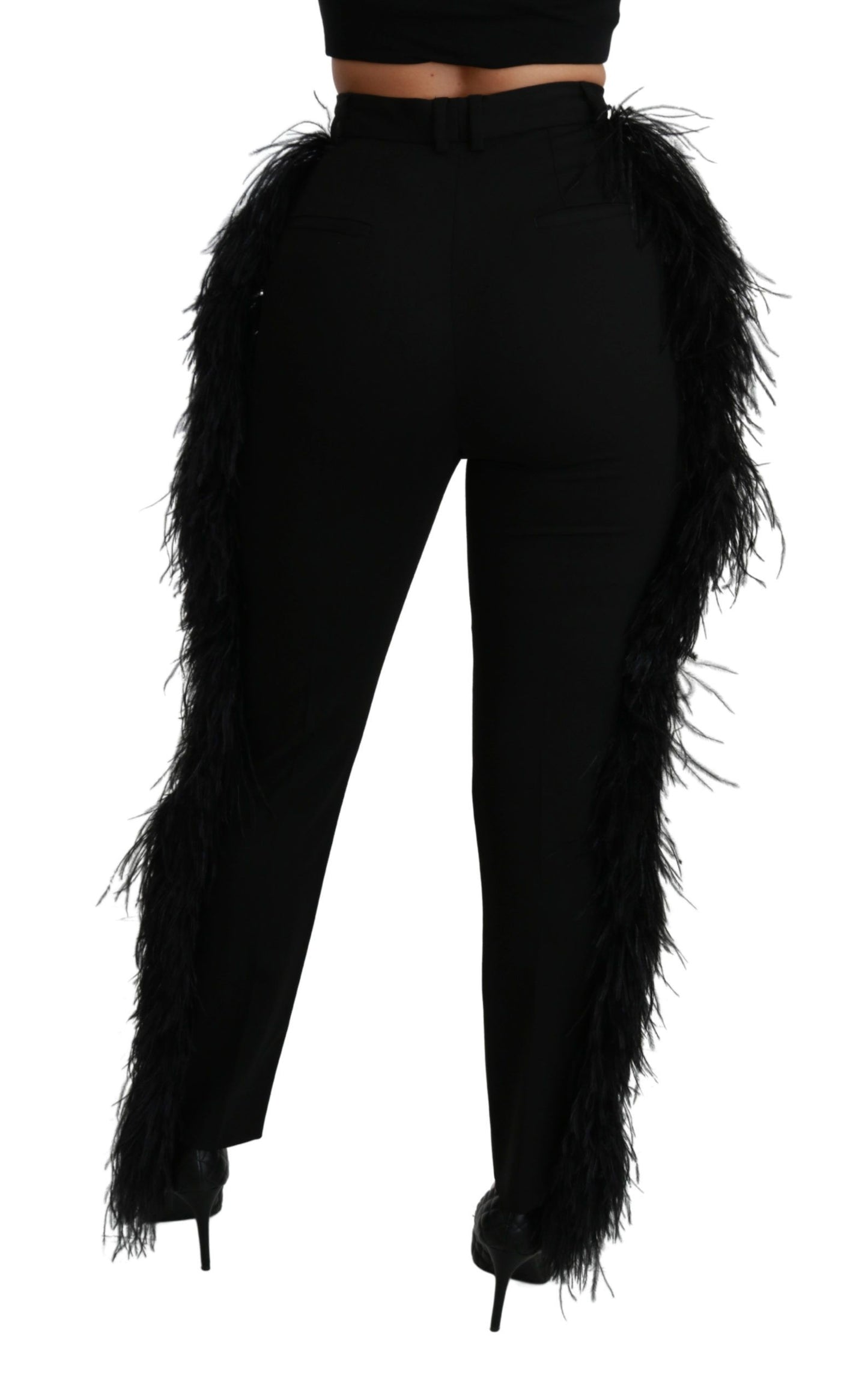 Schwarze, gerade, hoch taillierte Wollhose mit Federn