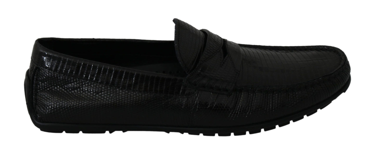 Flache Loafer aus schwarzem Eidechsenleder