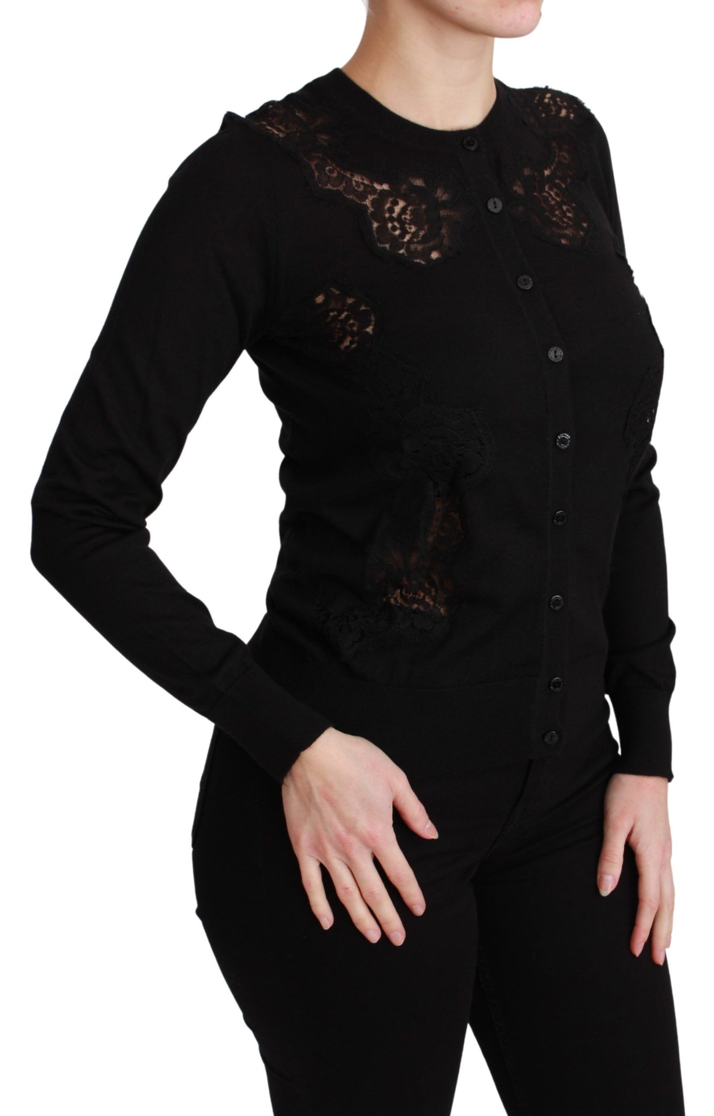 Schwarzer Cardigan aus Kaschmir mit Spitze