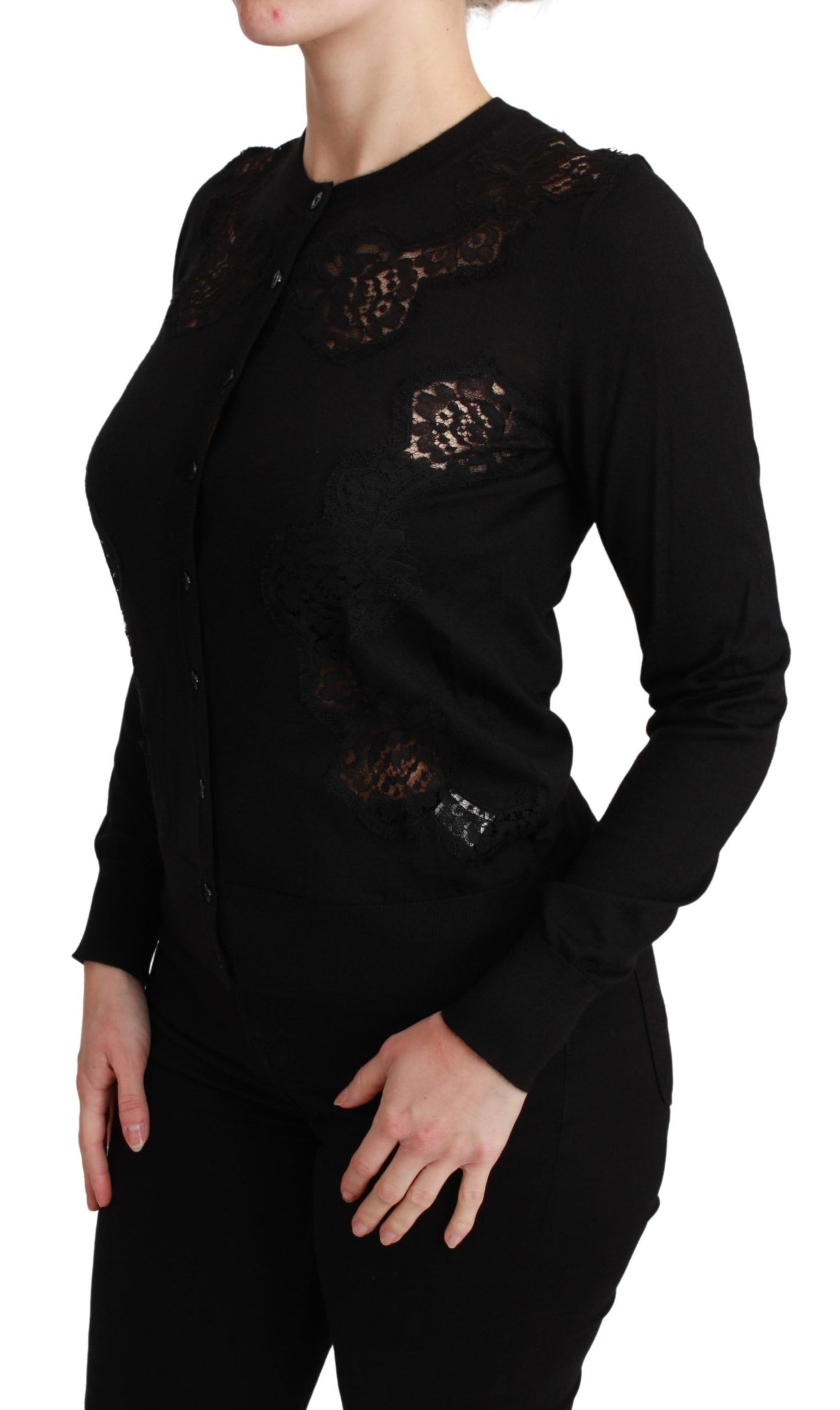 Schwarzer Cardigan aus Kaschmir mit Spitze