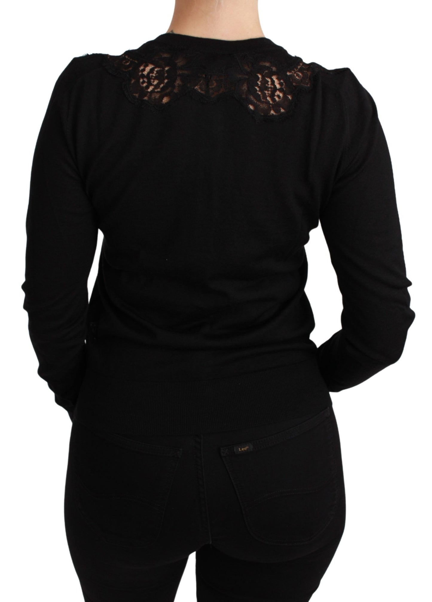 Schwarzer Cardigan aus Kaschmir mit Spitze