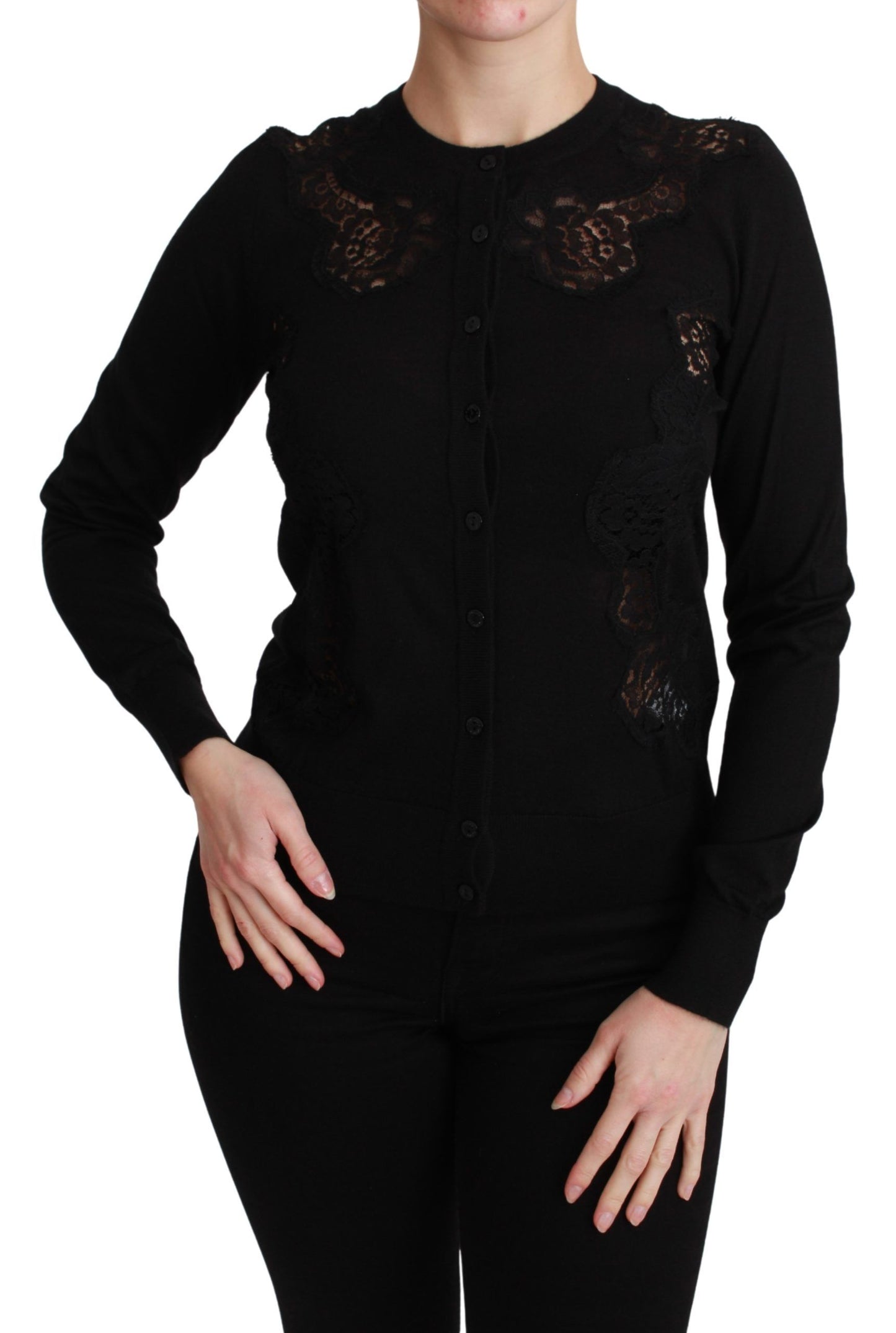 Schwarzer Cardigan aus Kaschmir mit Spitze
