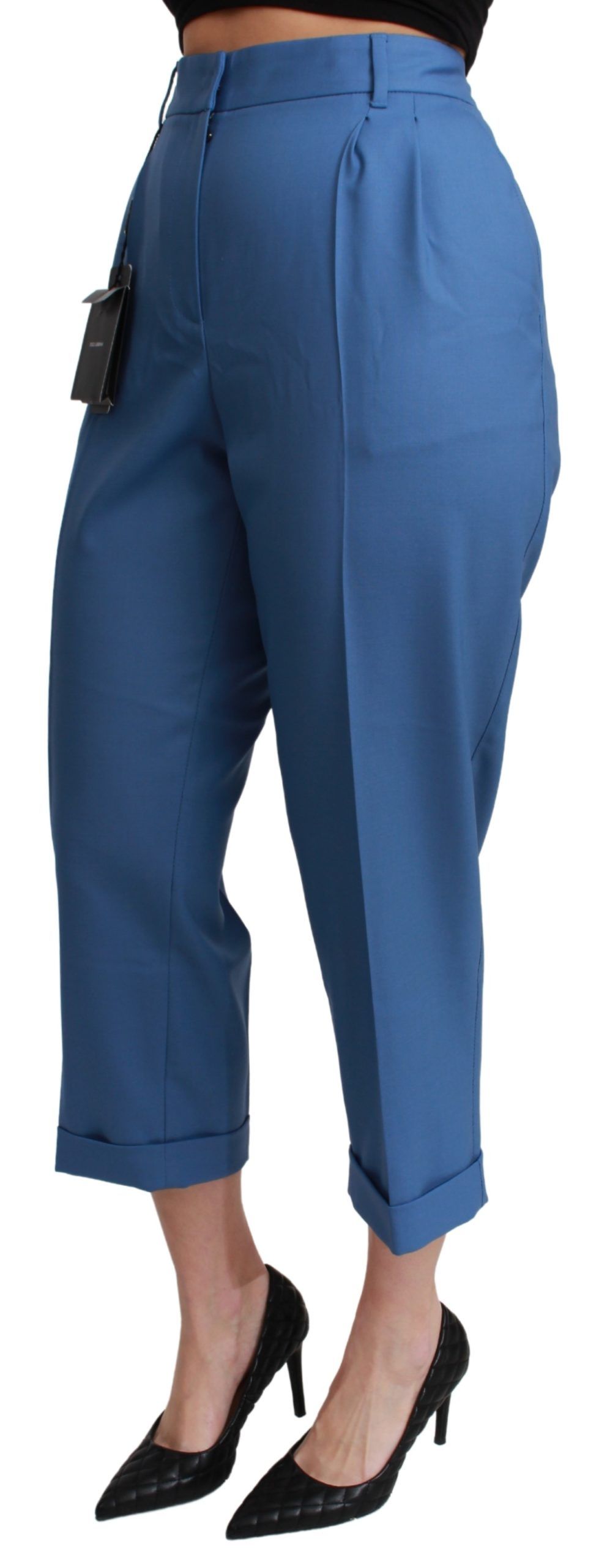 Blaue, plissierte, verkürzte Wollhose mit Bündchen