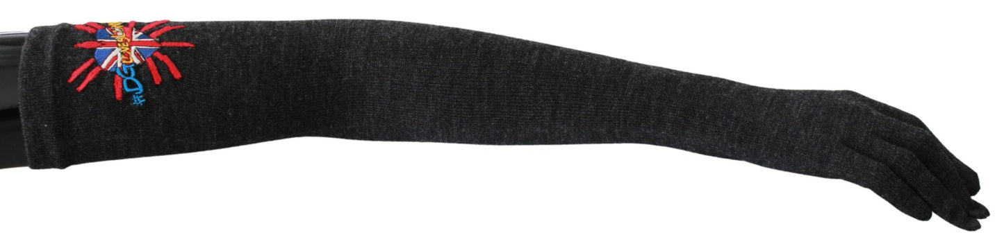 Graue #DGLovesLondon bestickte Handschuhe aus Schurwolle