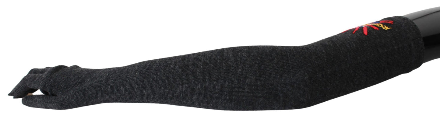 Graue #DGLovesLondon bestickte Handschuhe aus Schurwolle