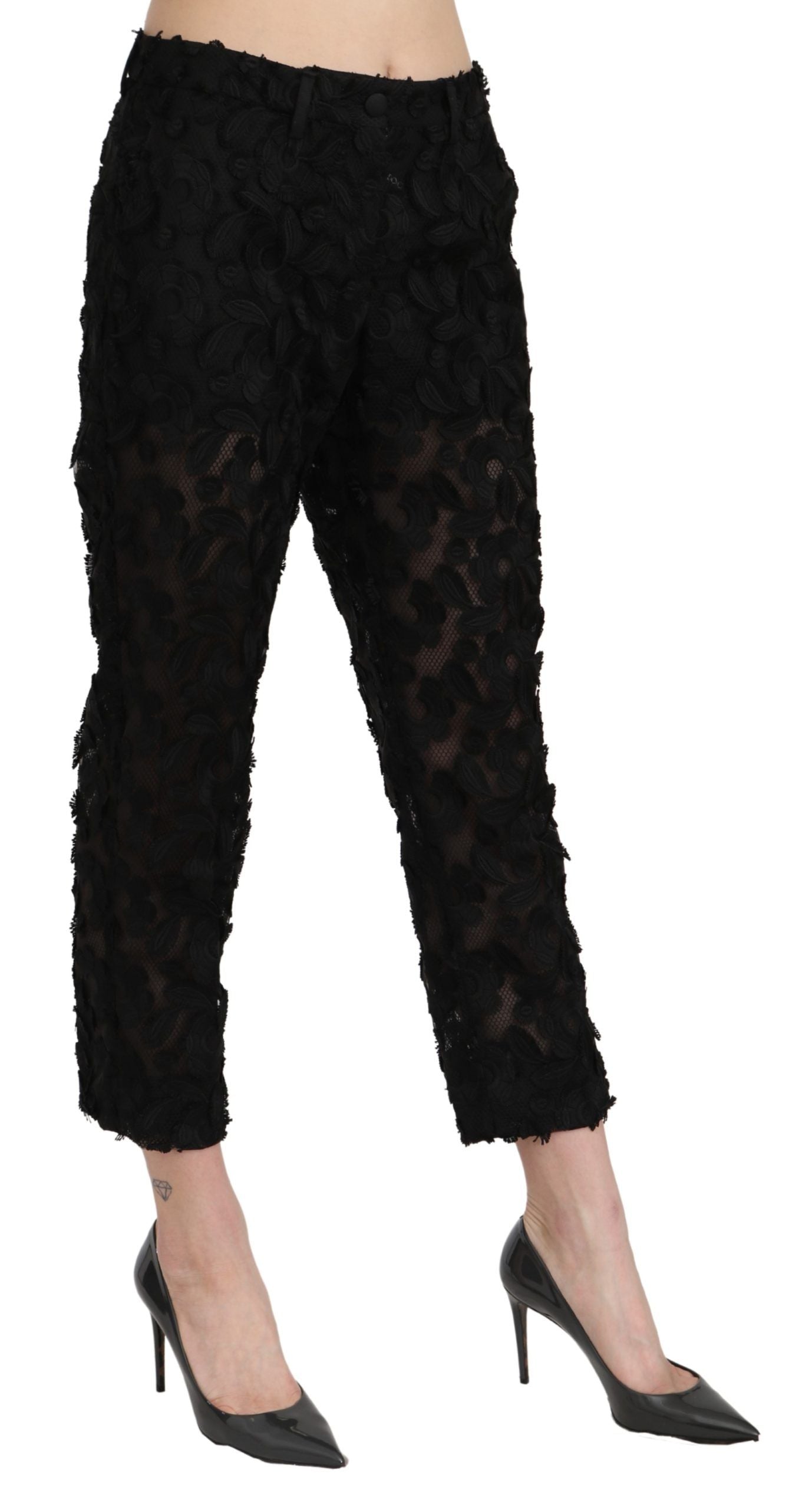Schwarze, gerade geschnittene Hose mit hoher Taille aus Spitze
