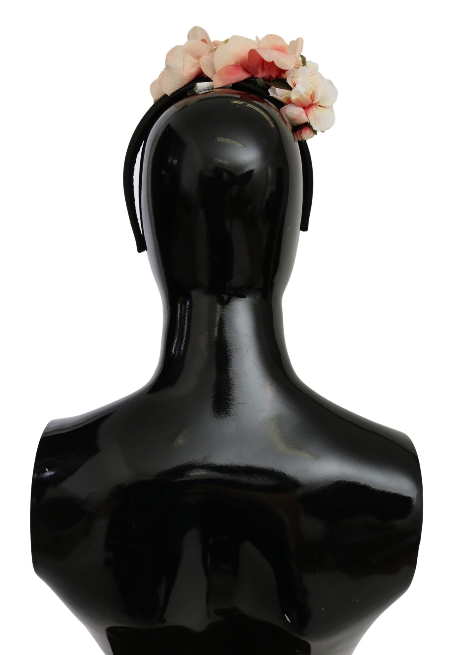 Rosa Seiden-Stirnband mit schwarzem Blumenmuster und Logo-Diadem