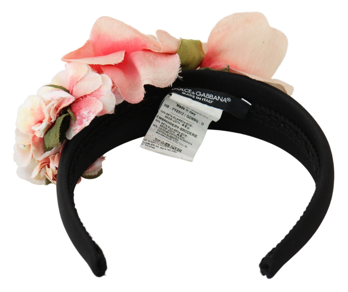 Rosa Seiden-Stirnband mit schwarzem Blumenmuster und Logo-Diadem