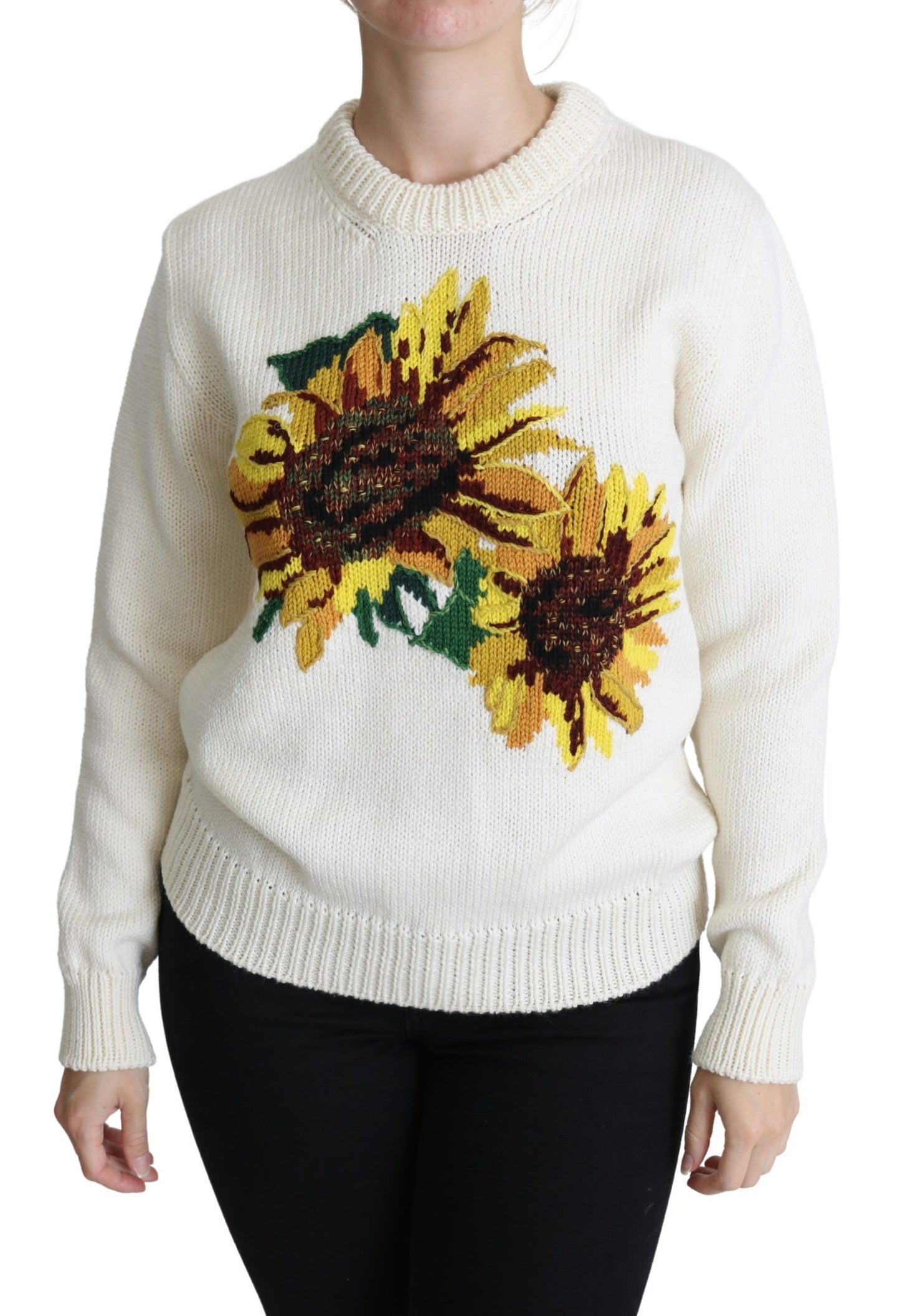 Weißer Wollpullover mit Blumenmuster und Sonnenblumenmuster