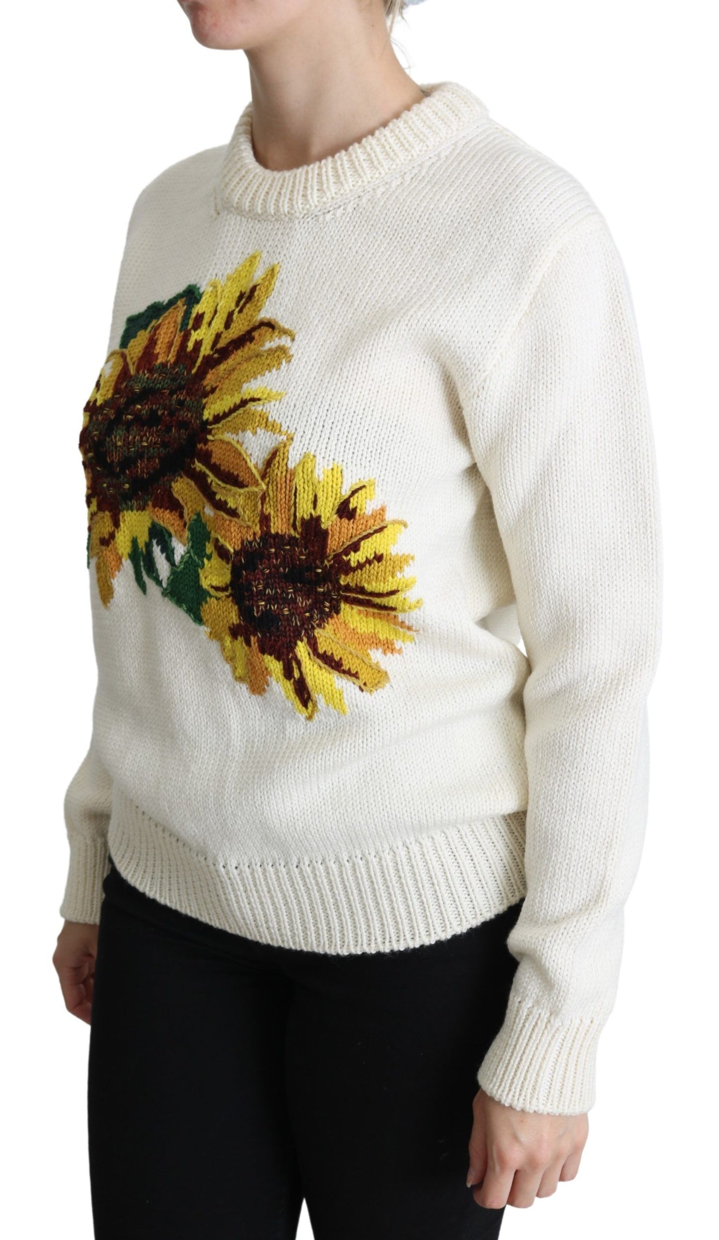 Weißer Wollpullover mit Blumenmuster und Sonnenblumenmuster