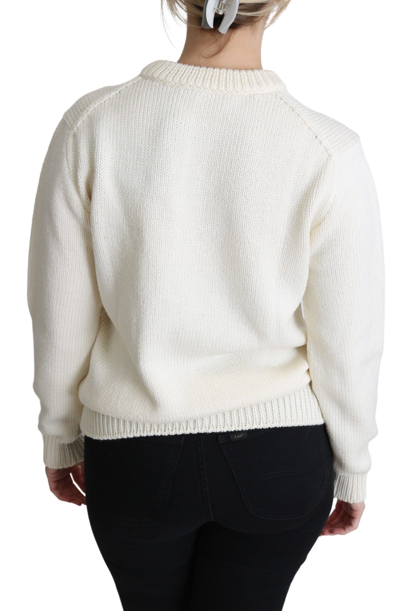 Weißer Wollpullover mit Blumenmuster und Sonnenblumenmuster