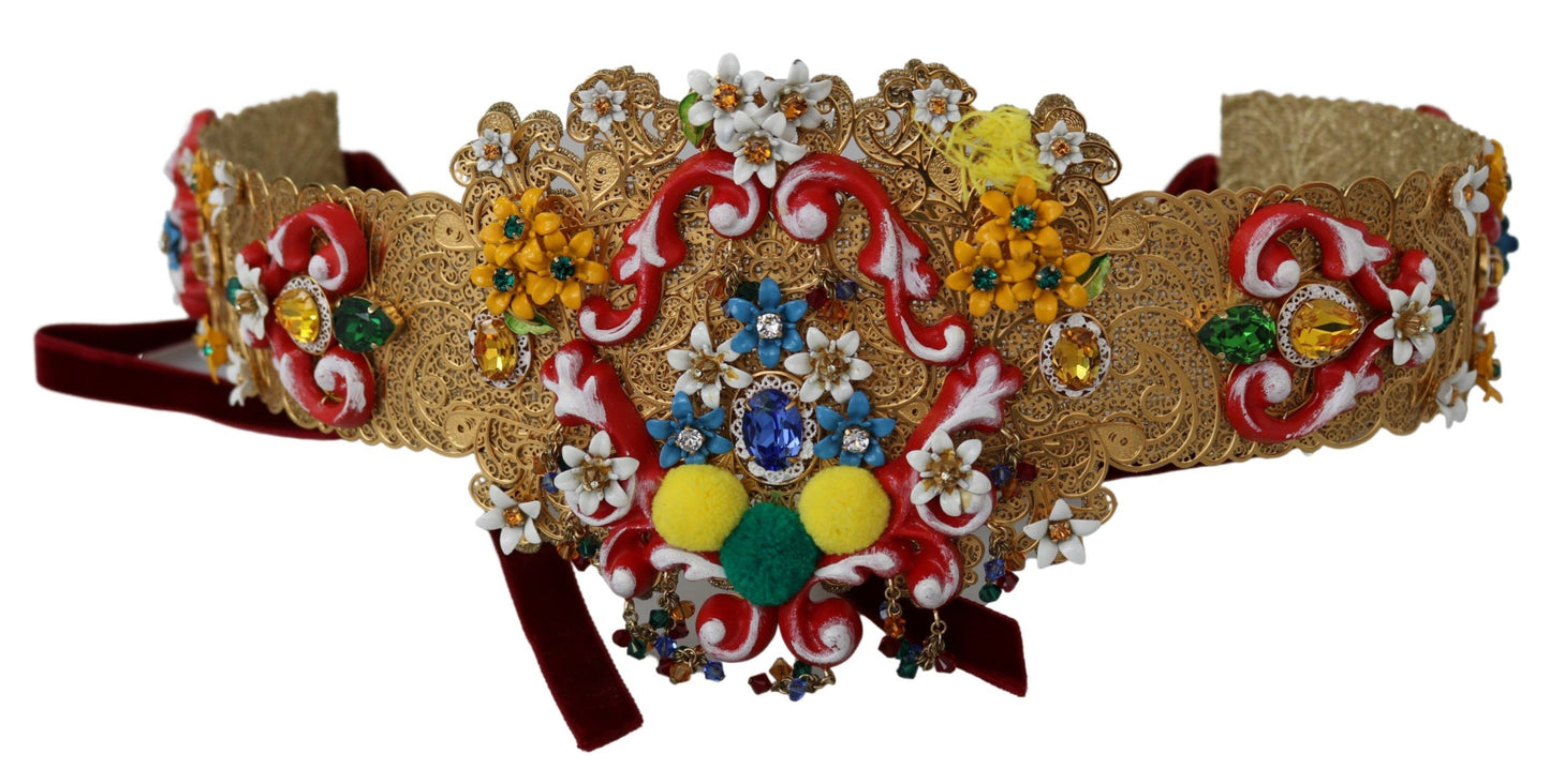 Breiter goldener Gürtel mit Blumen- und Kristallverzierung